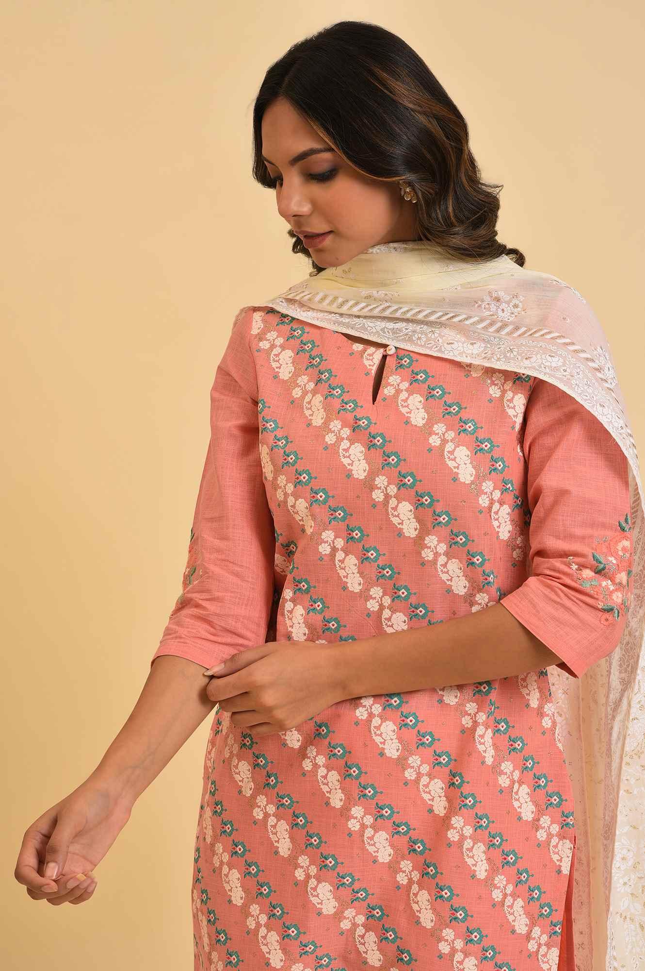 Peach Glitter Printed kurta, Tights & Dupatta Set - Image 5