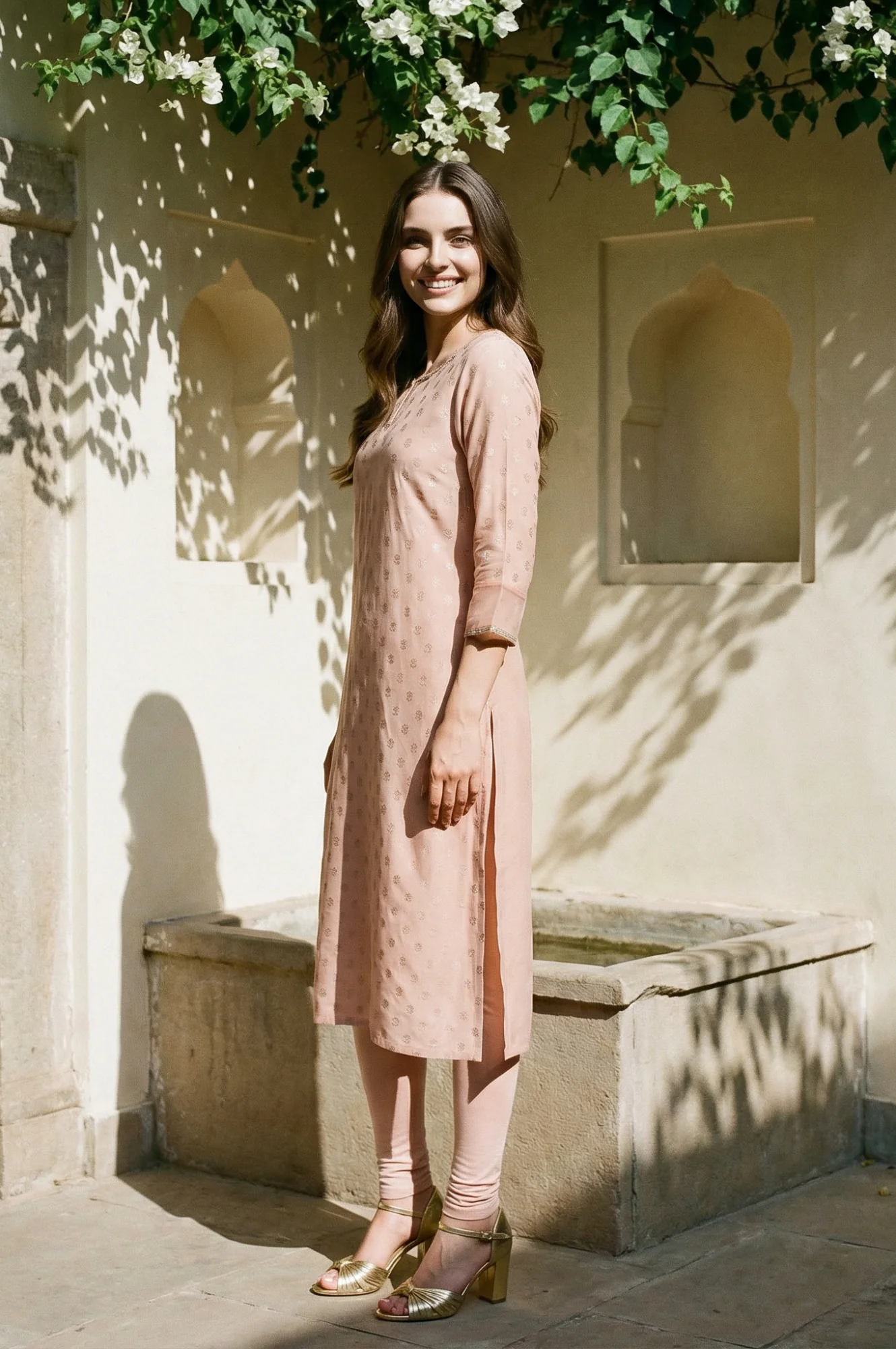 Peach Glitter Printed Rayon Straight Kurta with Embroidered Neck - Image 3