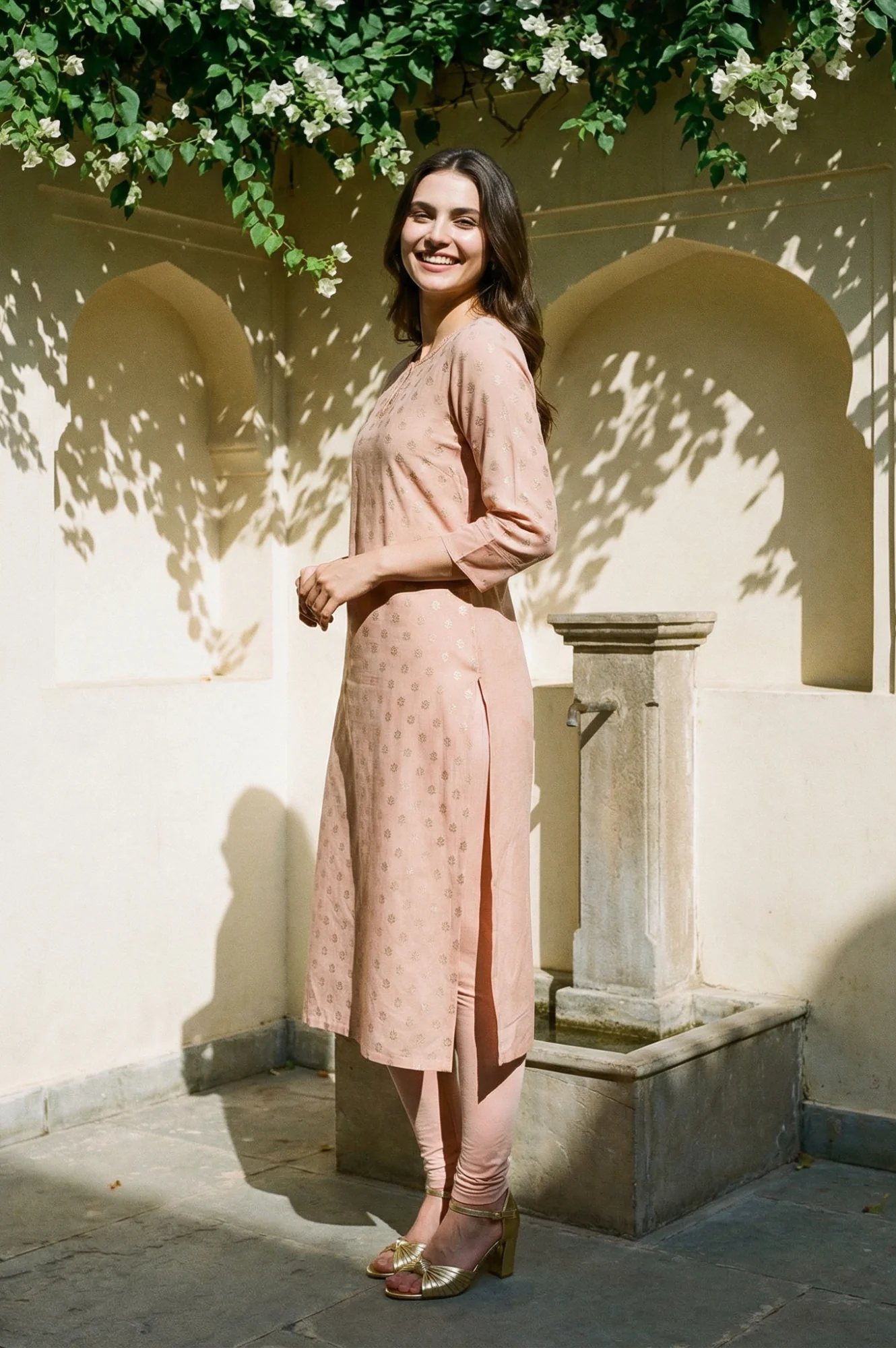 Peach Glitter Printed Rayon Straight Kurta with Embroidered Neck - Image 5