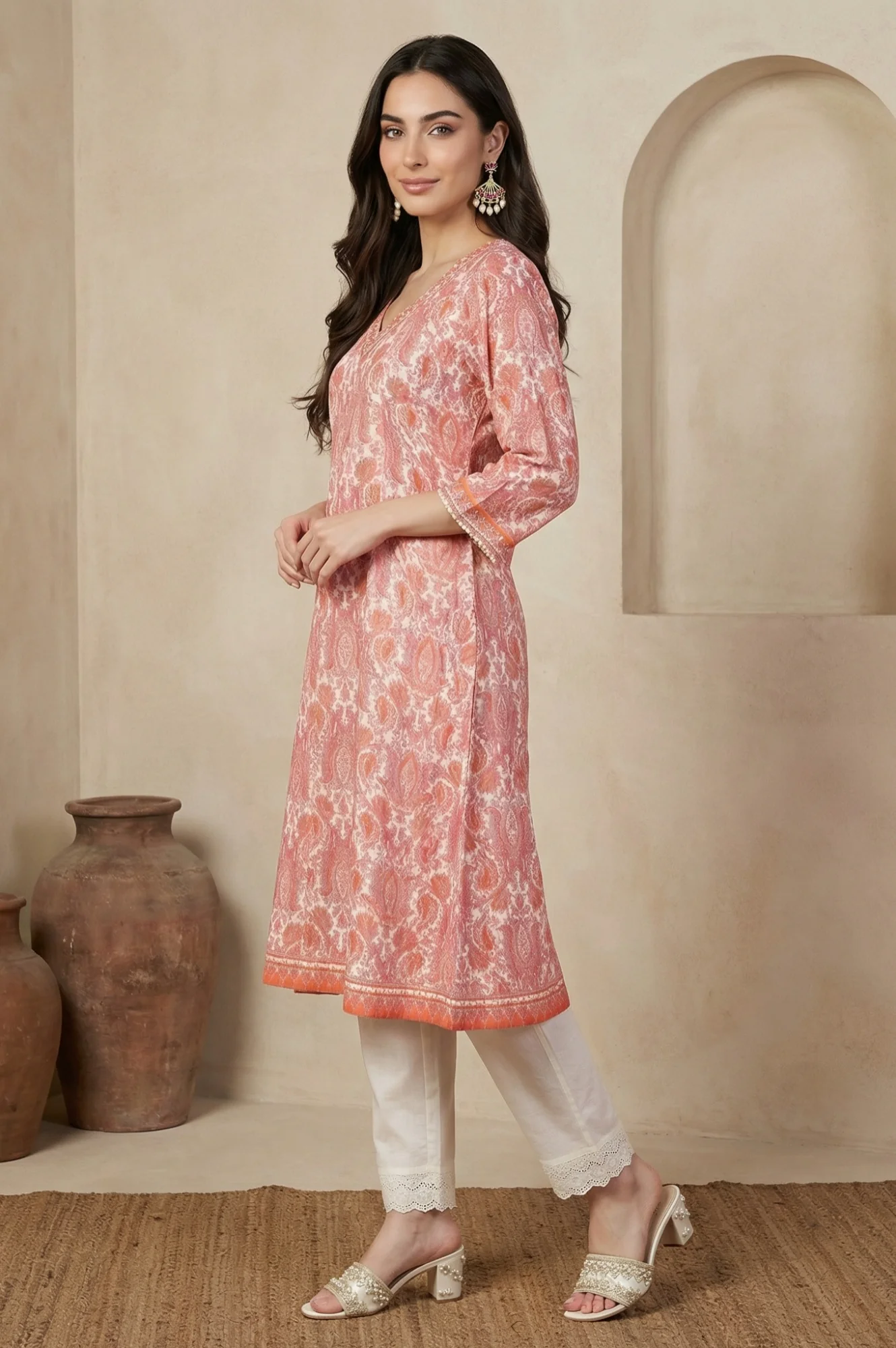 Peach Paisley Printed Sequins Modal Anarkali Kurta - Image 3
