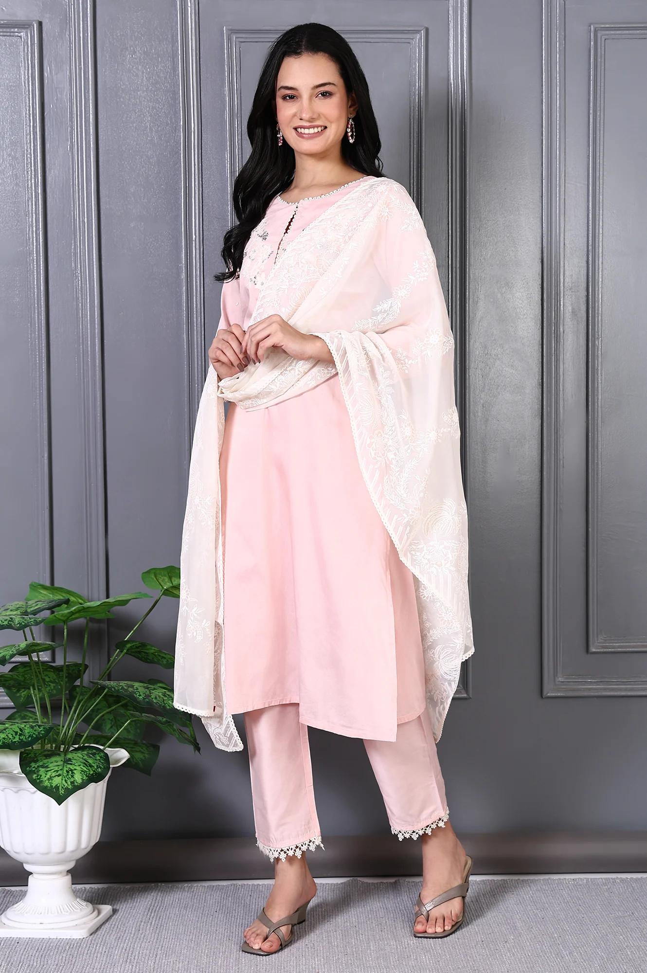 Peach Printed Thread Embroidered A-line Kurta Set - Image 2