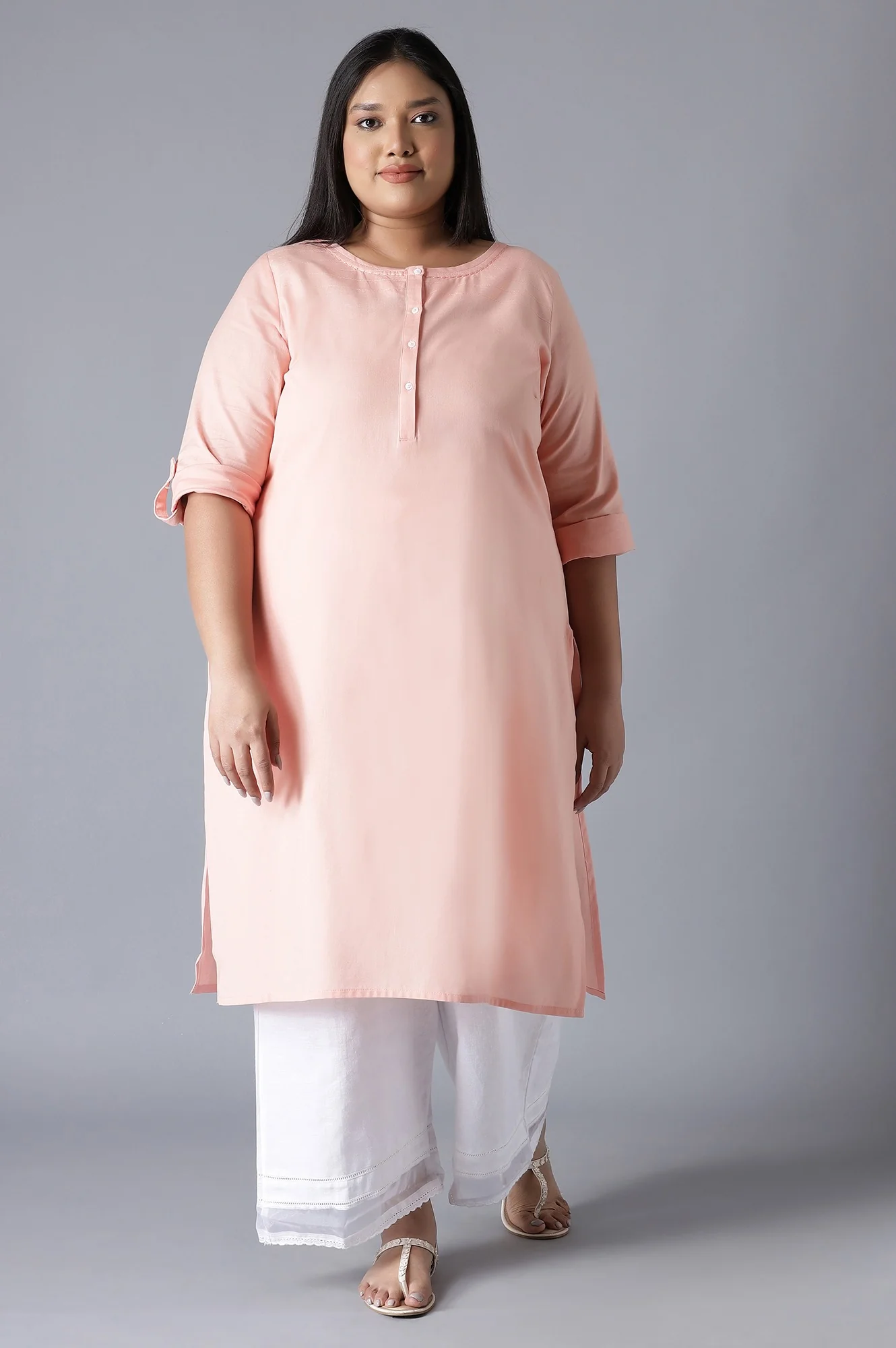 Peach Round Neck Solid kurta