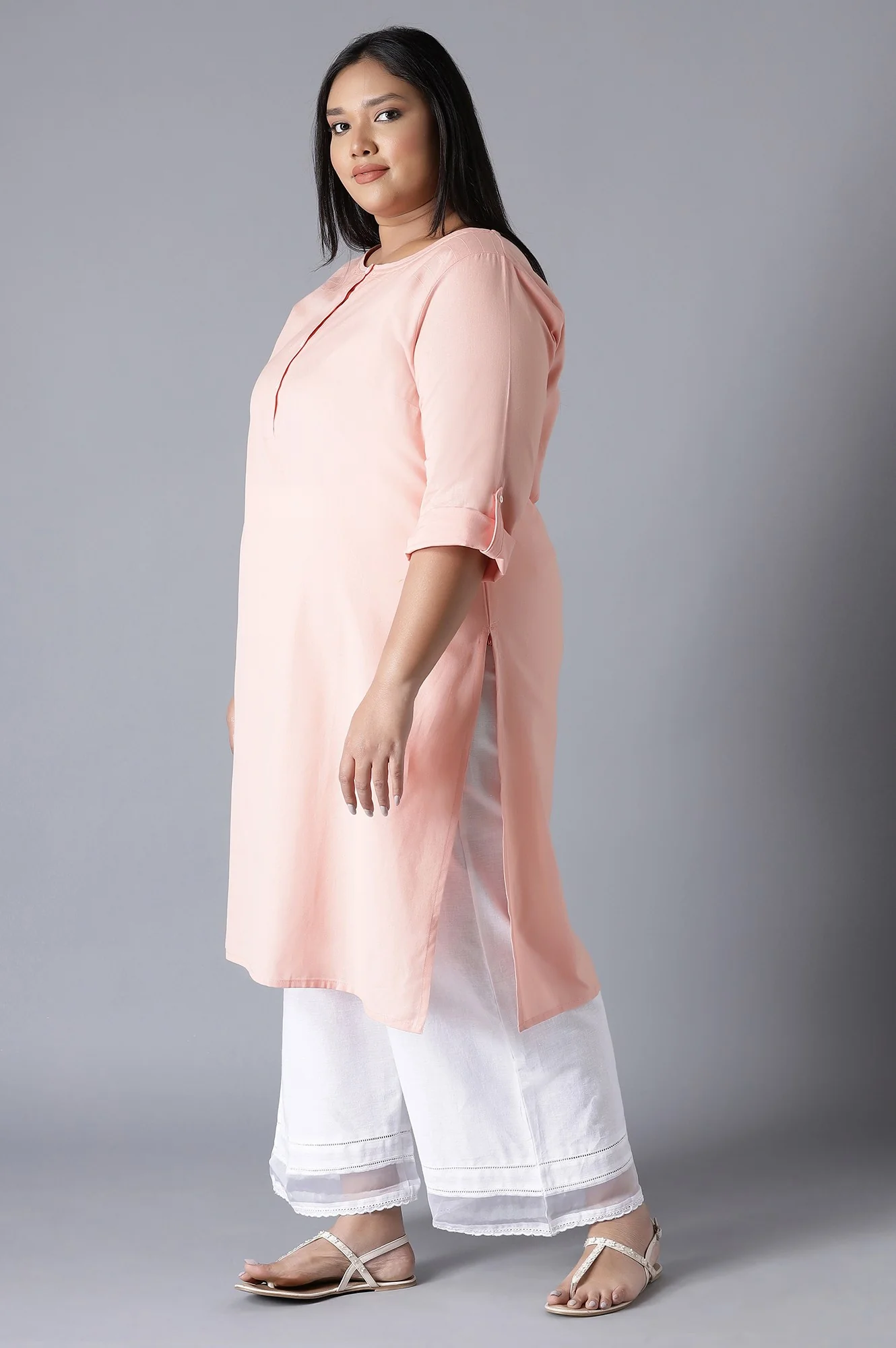 Peach Round Neck Solid kurta - Image 3