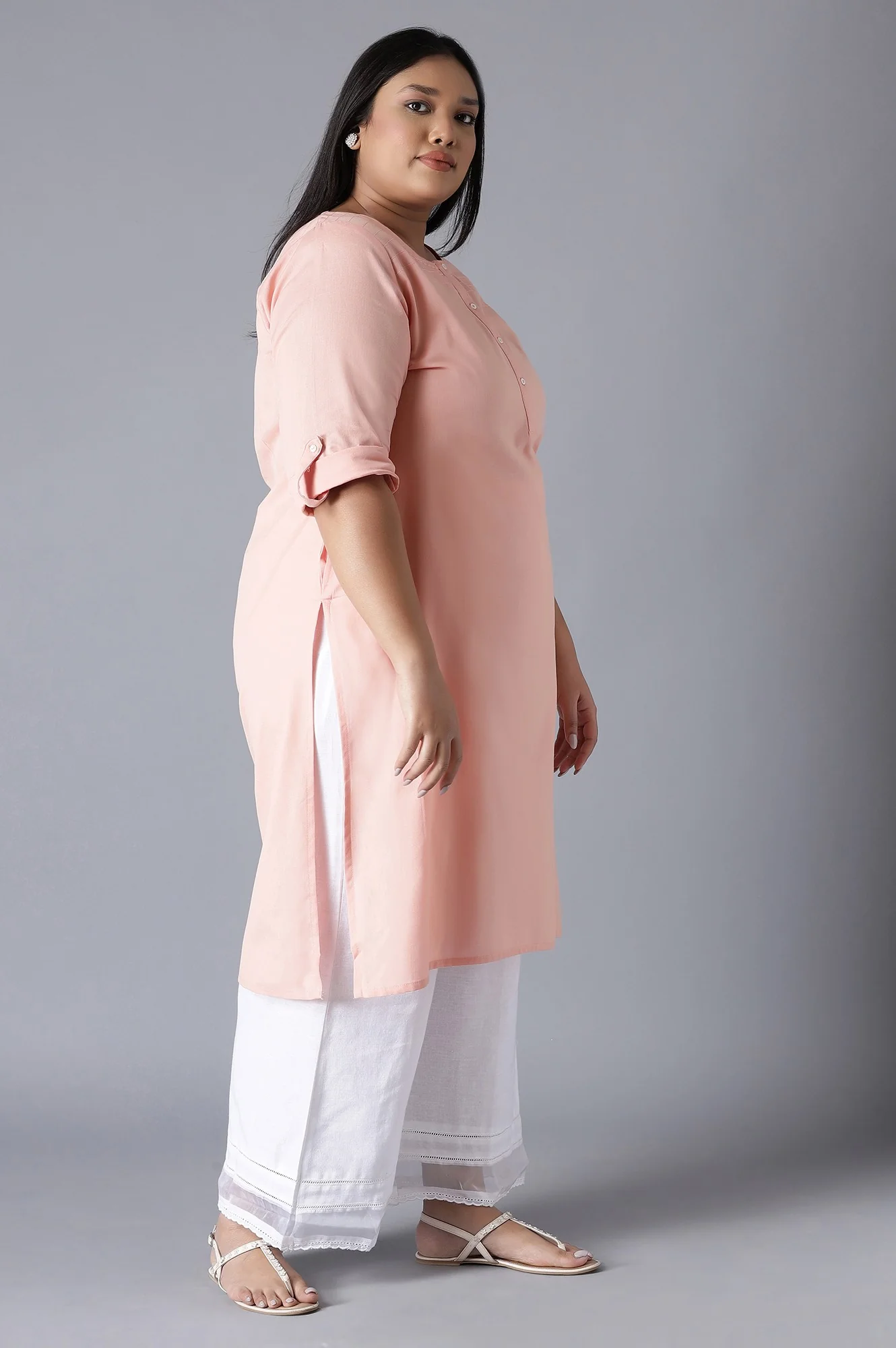 Peach Round Neck Solid kurta - Image 4