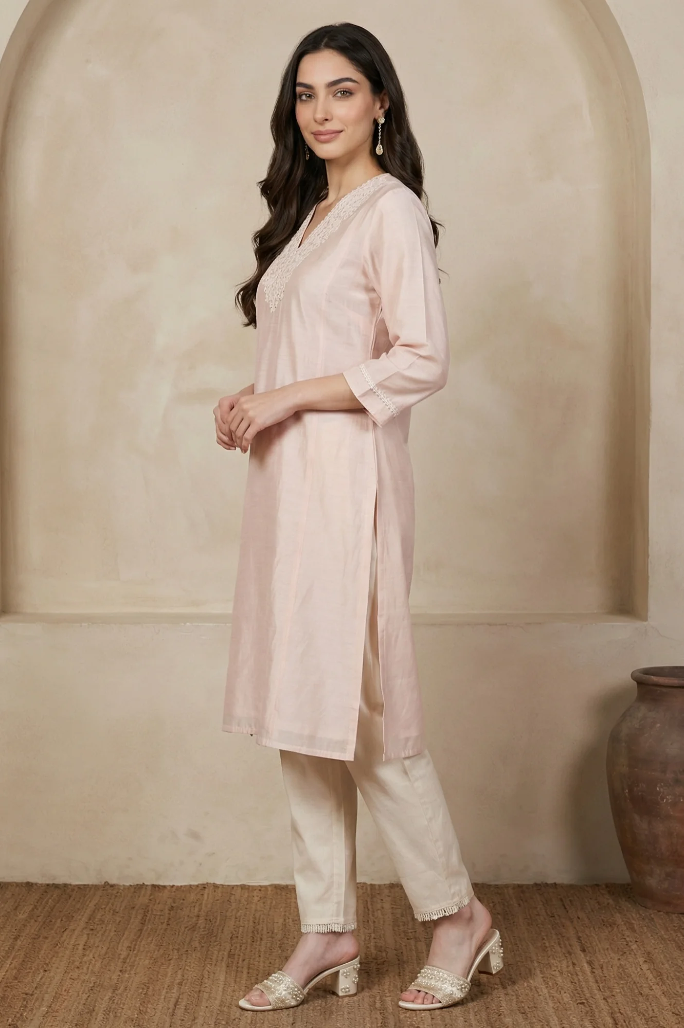 Peach Yarn Dyed Chikankari Embroidered Straight Kurta - Image 4