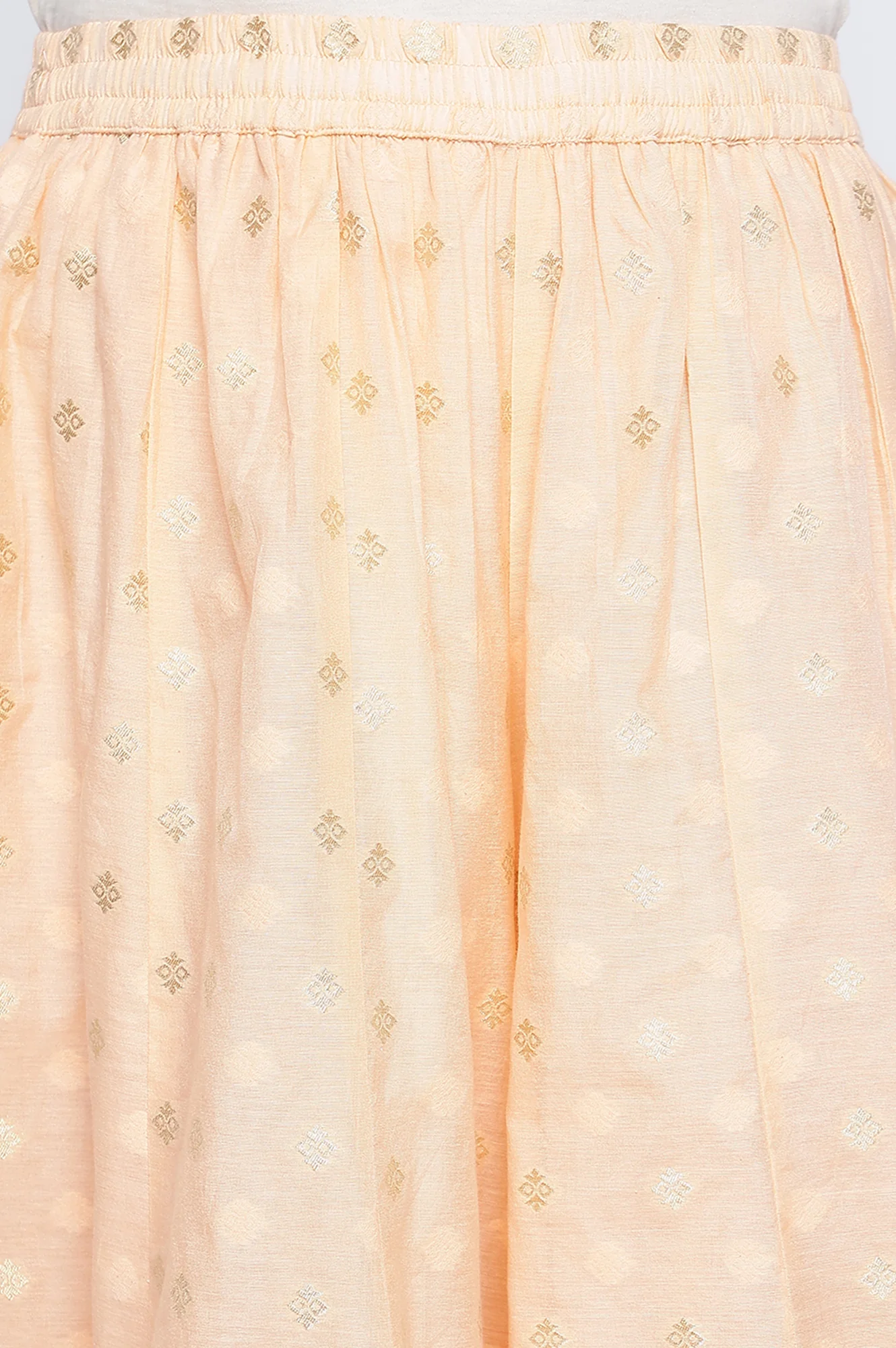 Peach Yarn Dyed Printed Chandari Jaquard Flared Kurta, Culotte and Dupatta Set - Image 7
