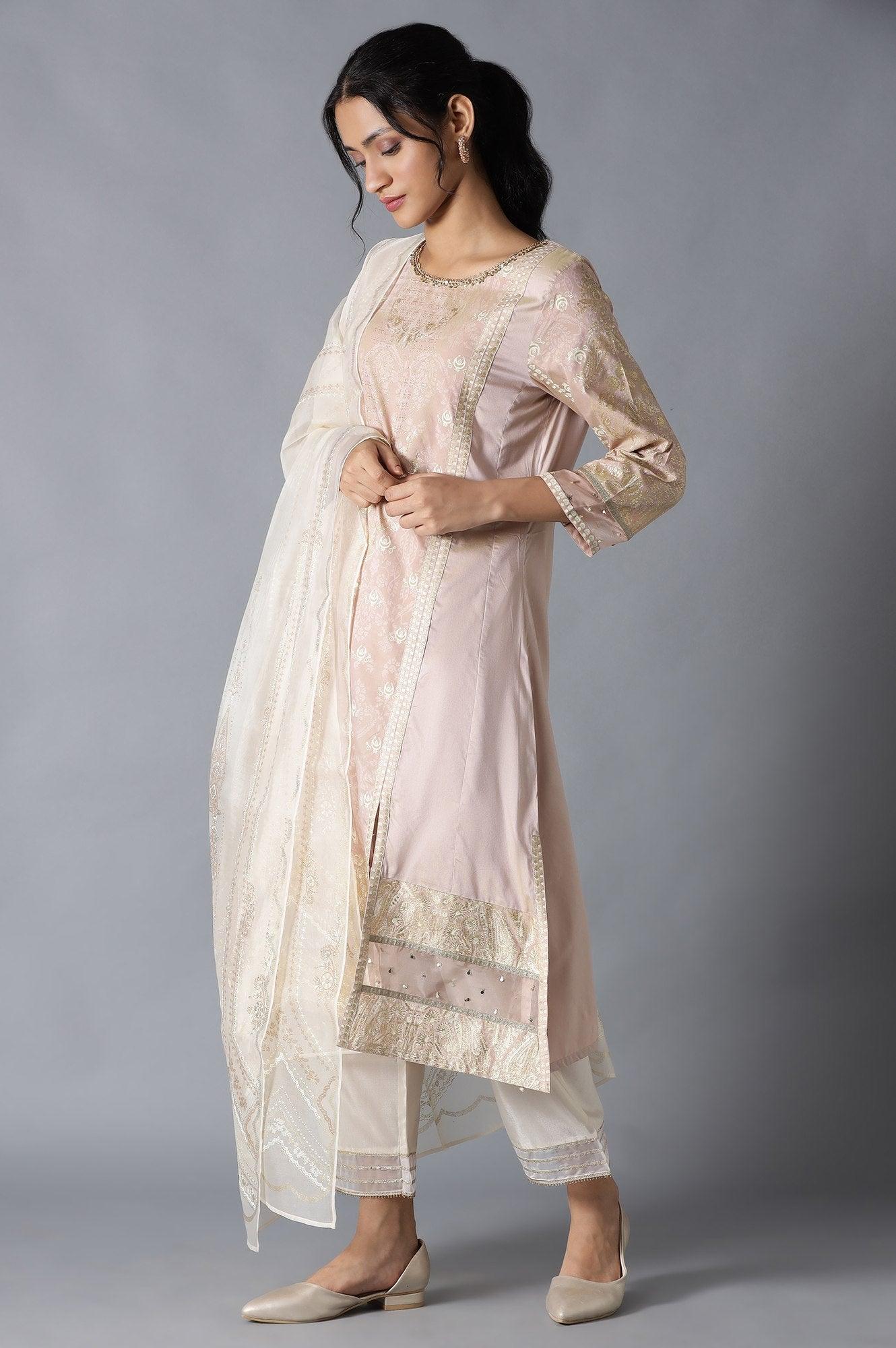 Pink A-Line Round Neck kurta With Parallel Pants And Organza Dupatta - Image 3