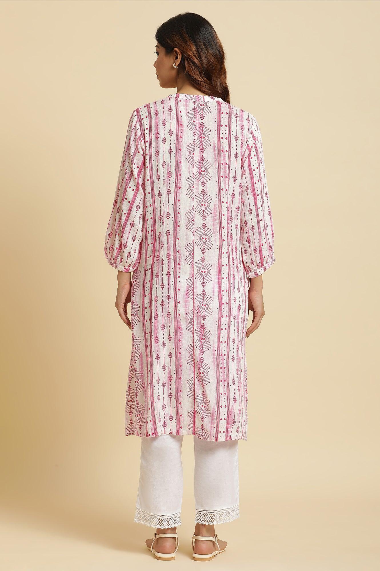 White and Pink Abstract Printed Mandarin Collar Straight Kurta - Image 5