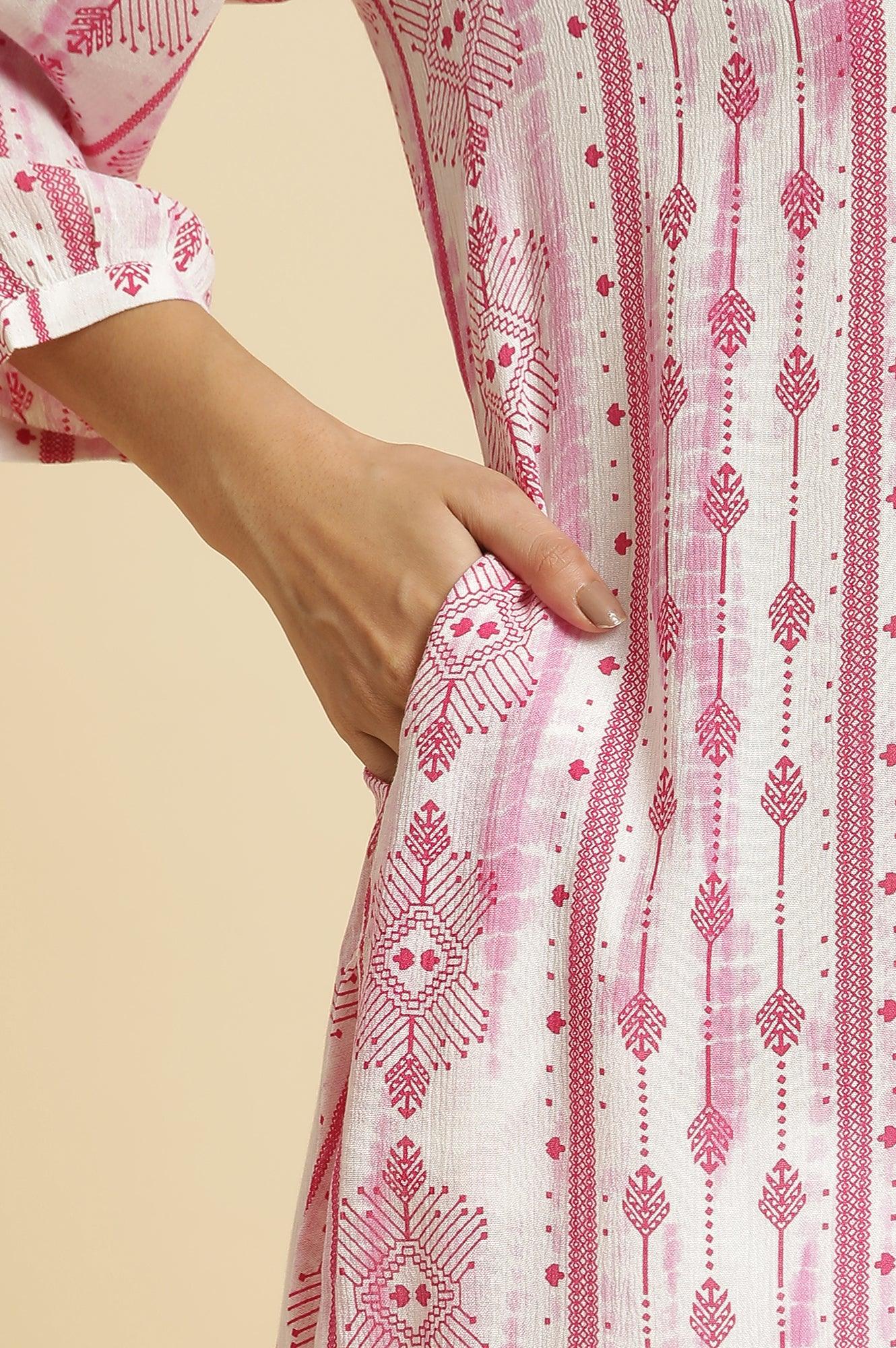 White and Pink Abstract Printed Mandarin Collar Straight Kurta - Image 9