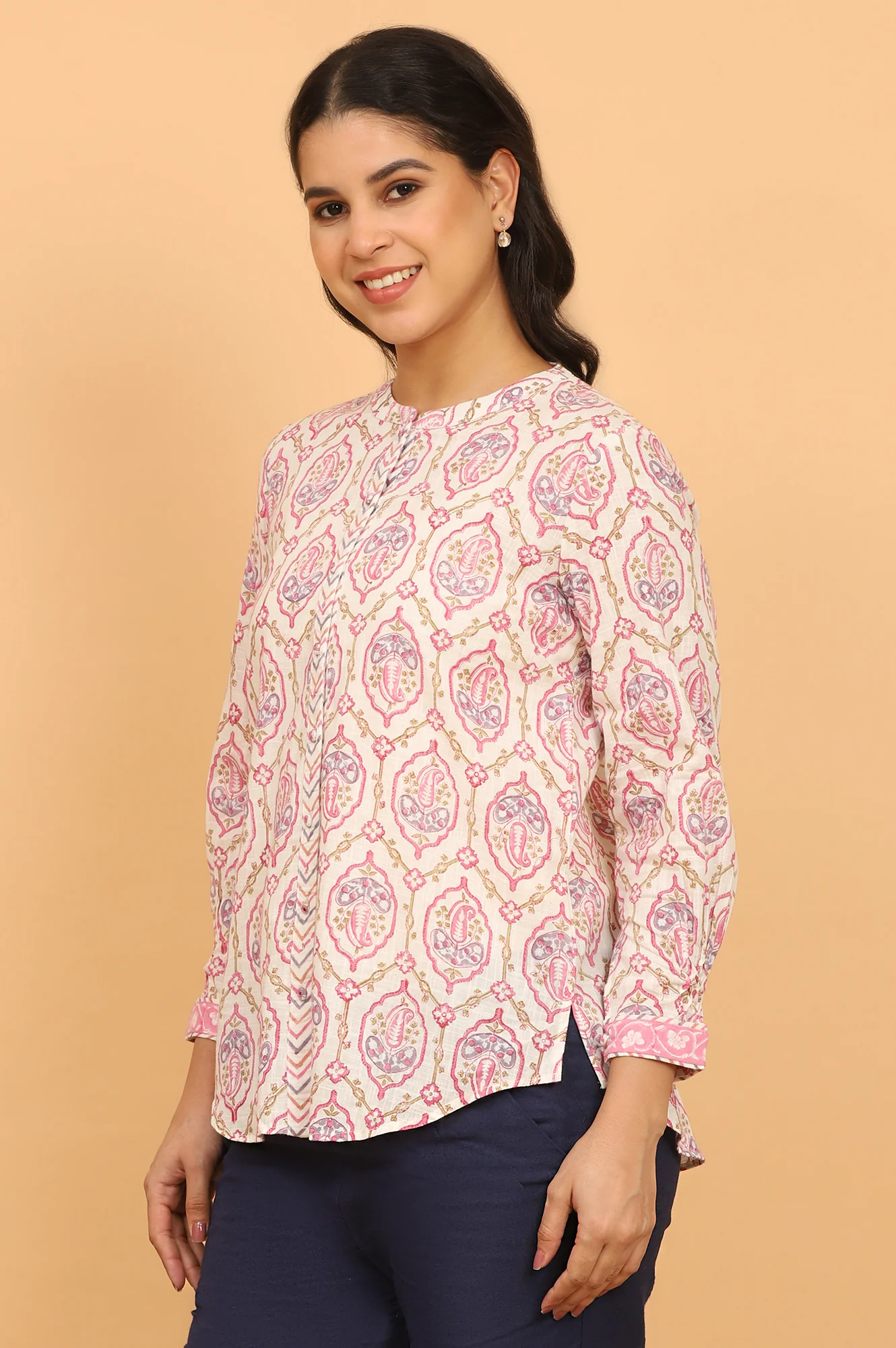 Pink and White Handblock Printed Shirt - Image 4