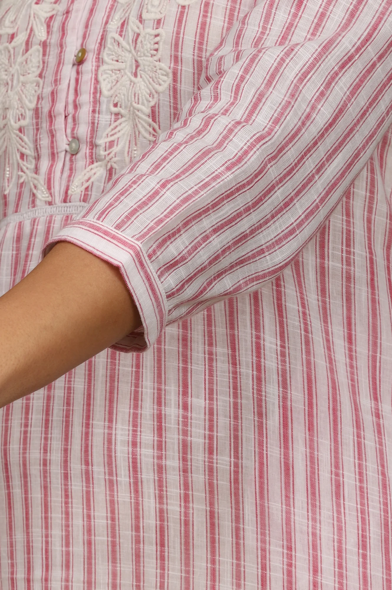 Pink and White Yarn Dyed Cotton Tunic in Mandarin Collar - Image 8