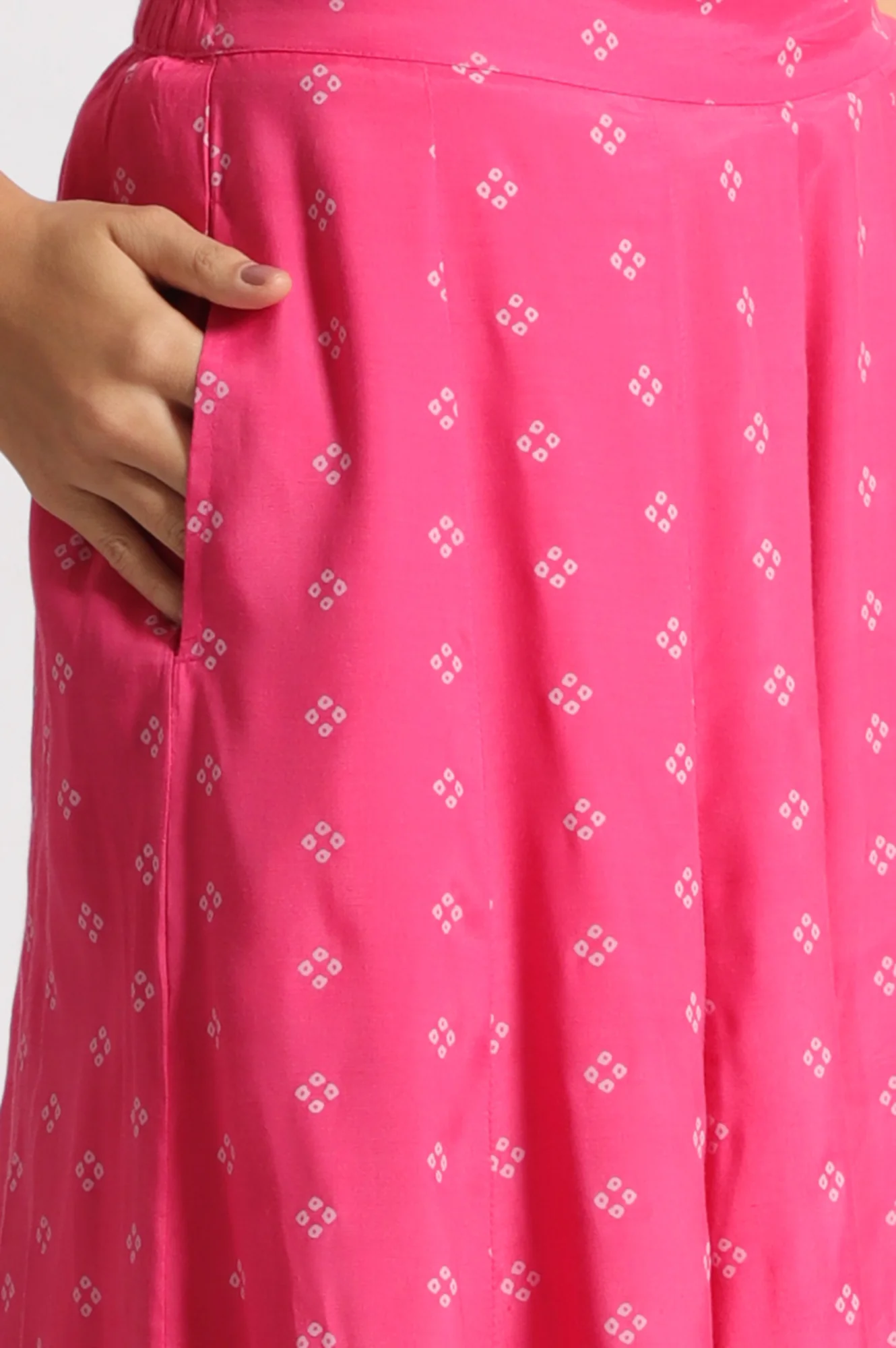 Pink Bandhani Printed Chiffon Gillet, Spaghetti Crop Top and Flared Culottes Set - Image 12
