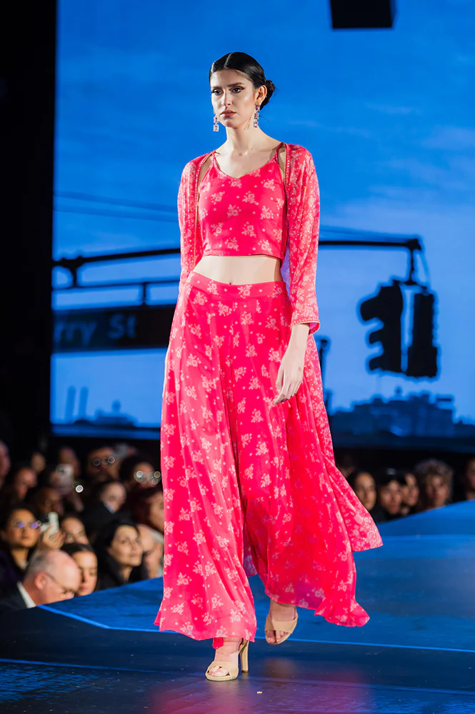 Pink Bandhani Printed Chiffon Gillet, Spaghetti Crop Top and Flared Culottes Set - Image 2