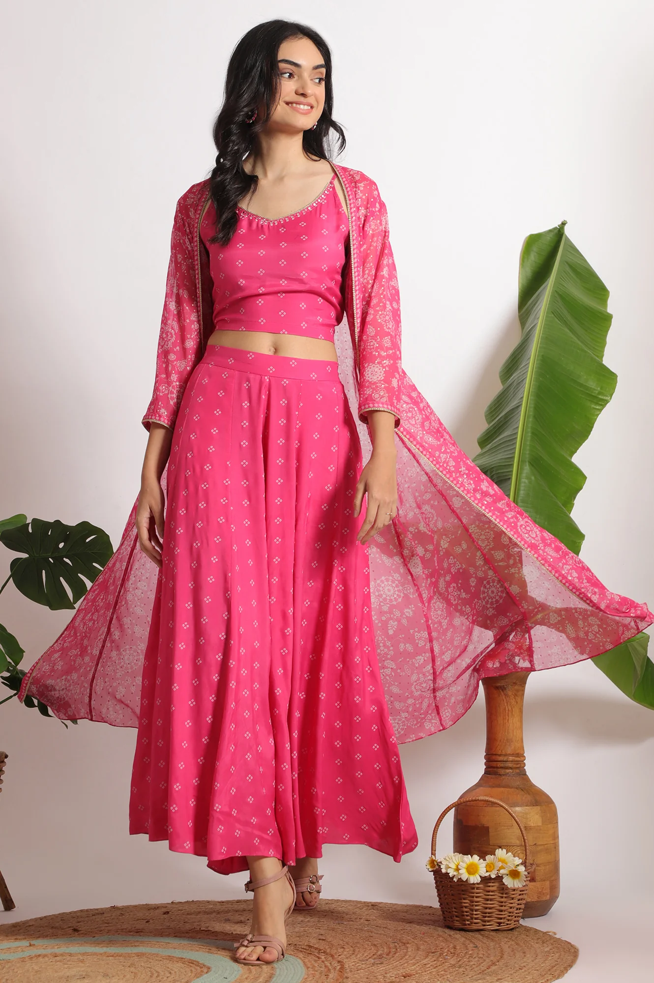 Pink Bandhani Printed Chiffon Gillet, Spaghetti Crop Top and Flared Culottes Set - Image 3