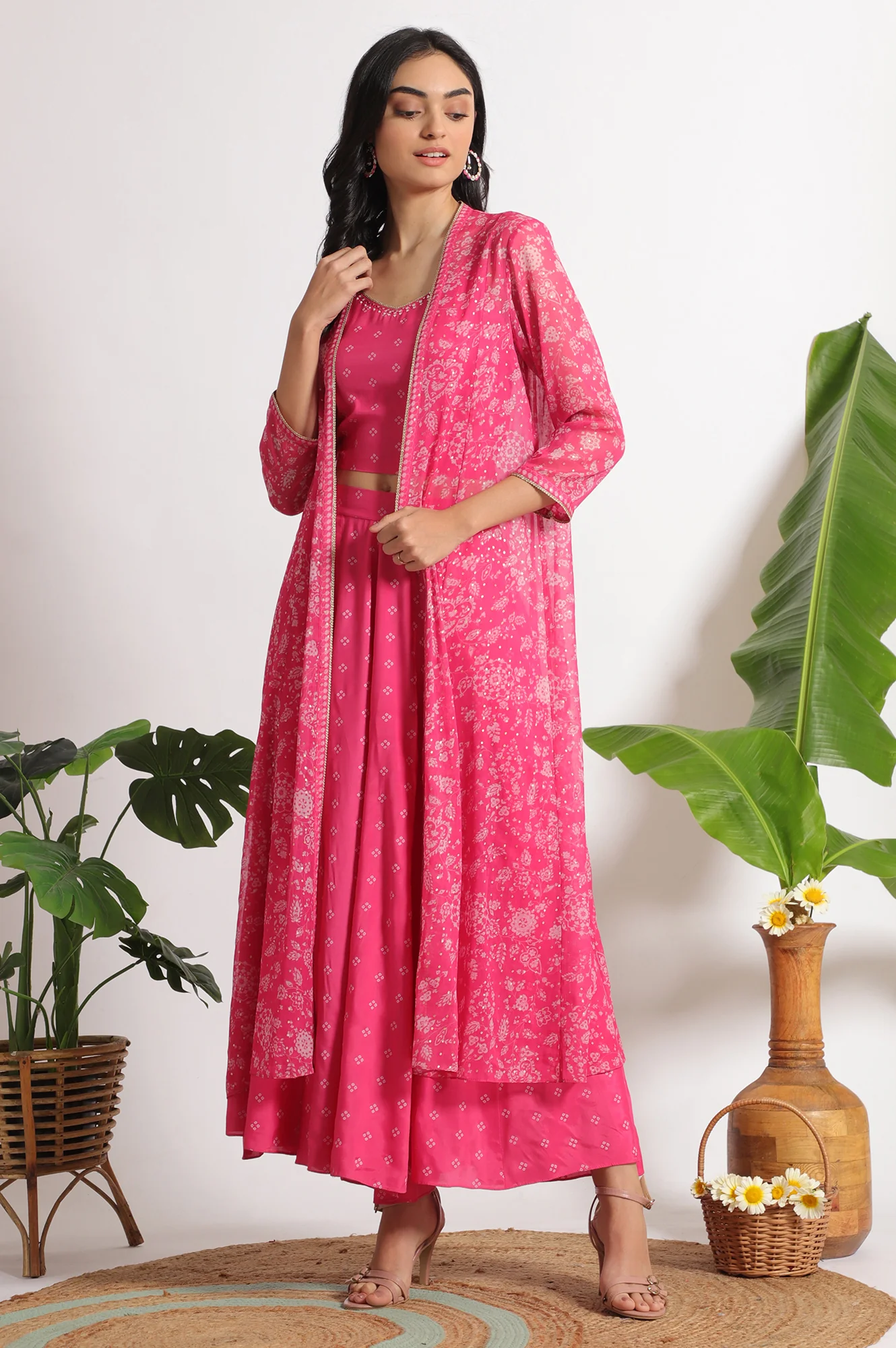 Pink Bandhani Printed Chiffon Gillet, Spaghetti Crop Top and Flared Culottes Set - Image 4