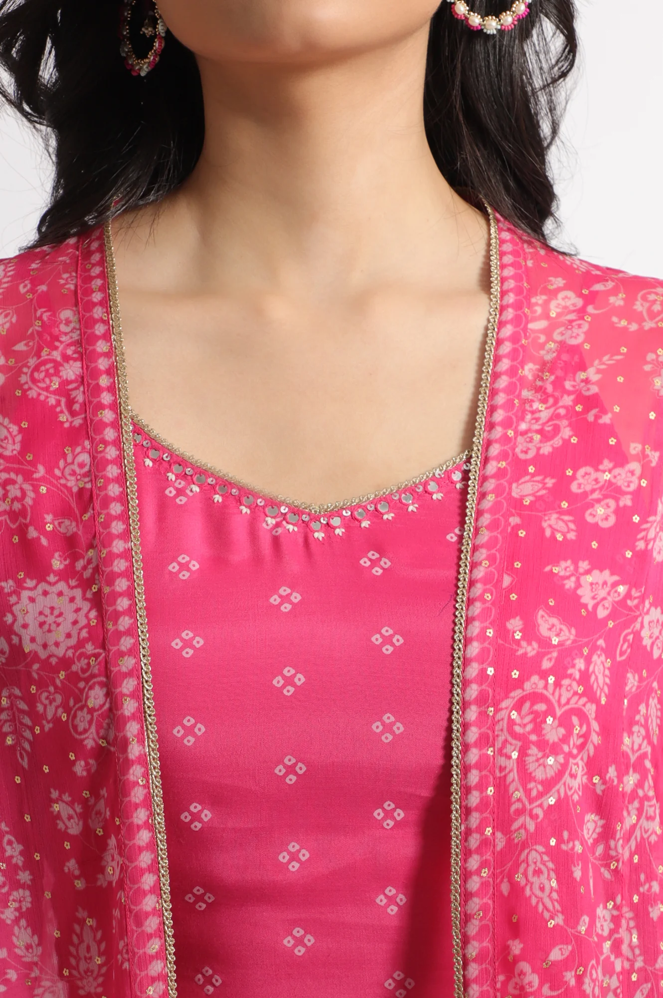 Pink Bandhani Printed Chiffon Gillet, Spaghetti Crop Top and Flared Culottes Set - Image 5