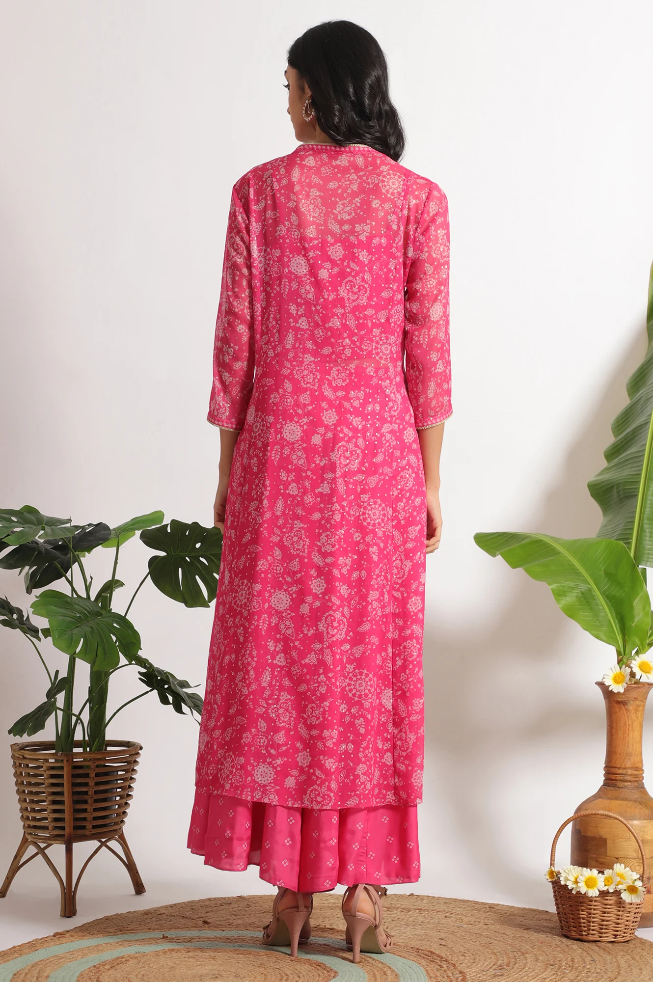 Pink Bandhani Printed Chiffon Gillet, Spaghetti Crop Top and Flared Culottes Set - Image 7