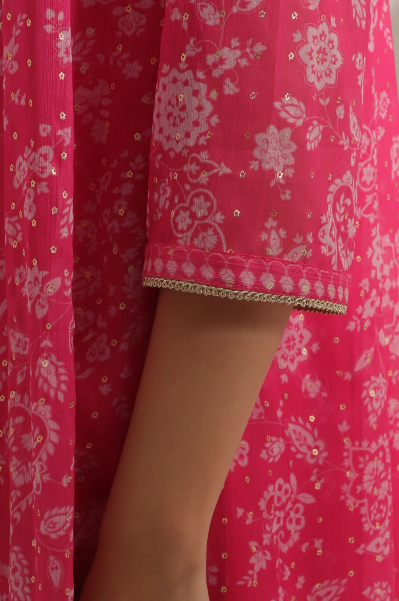 Pink Bandhani Printed Chiffon Gillet, Spaghetti Crop Top and Flared Culottes Set - Image 9