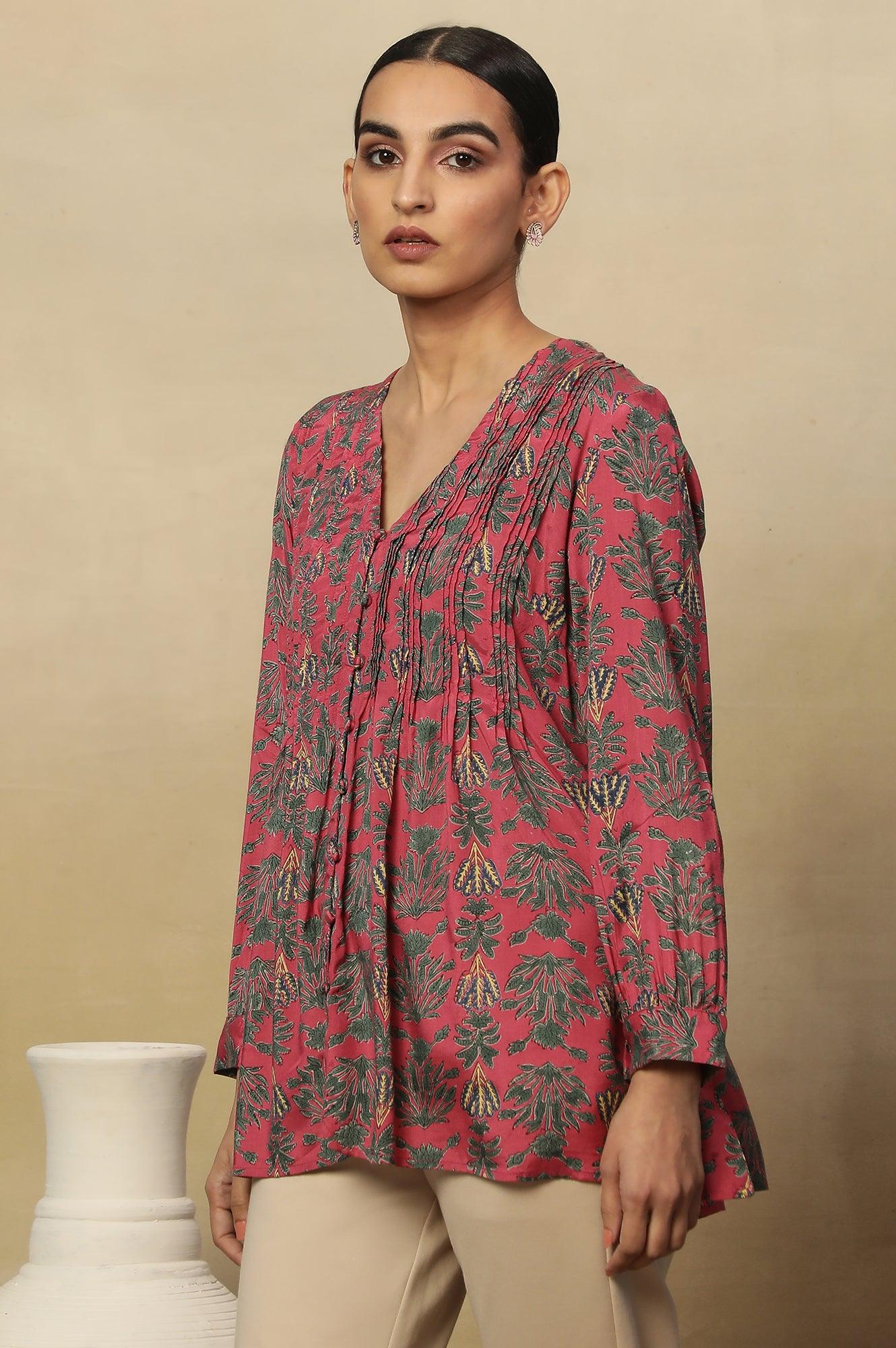 Pink Block Print Pleated V-Neck Top - Image 2