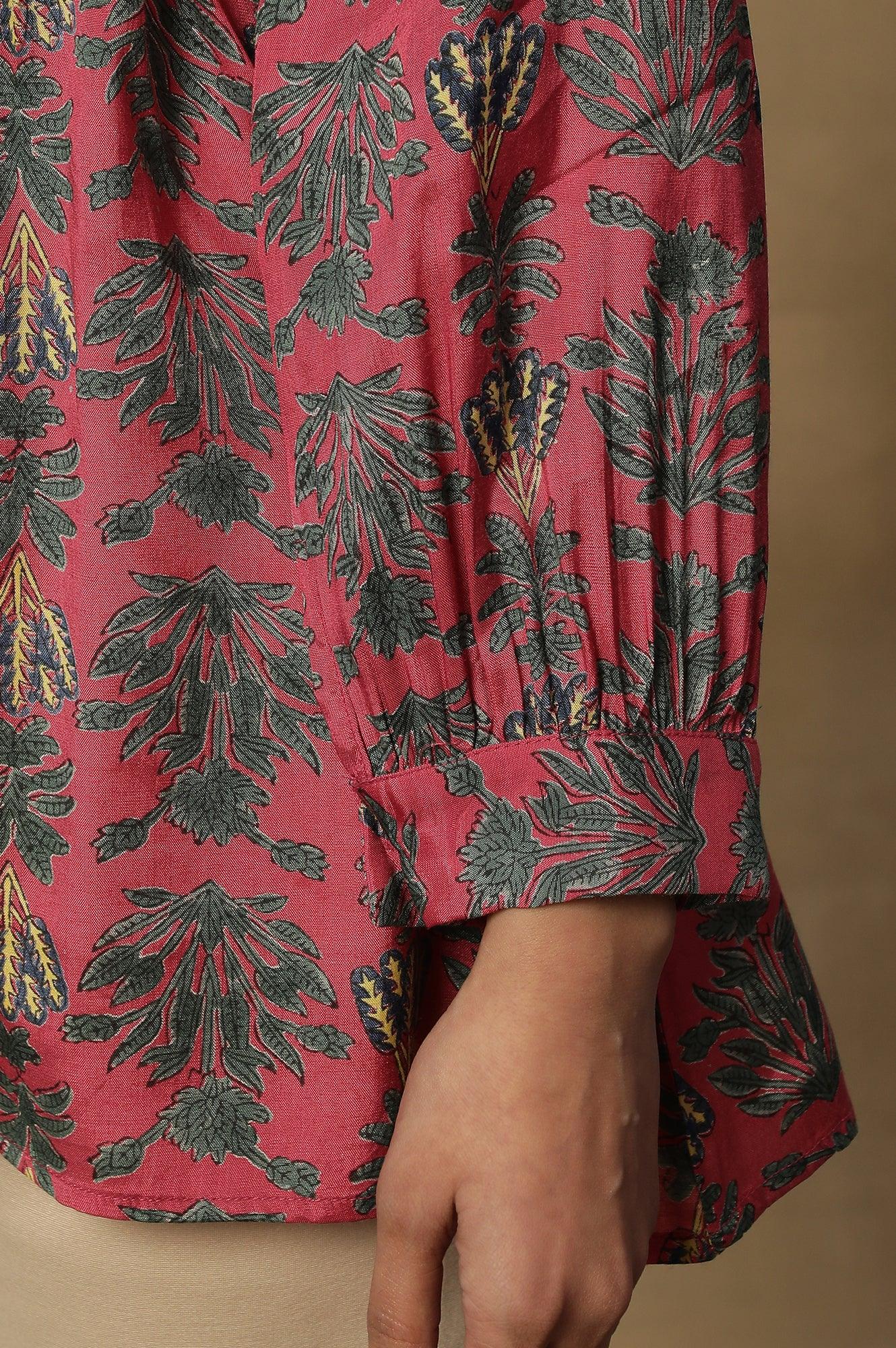 Pink Block Print Pleated V-Neck Top - Image 8