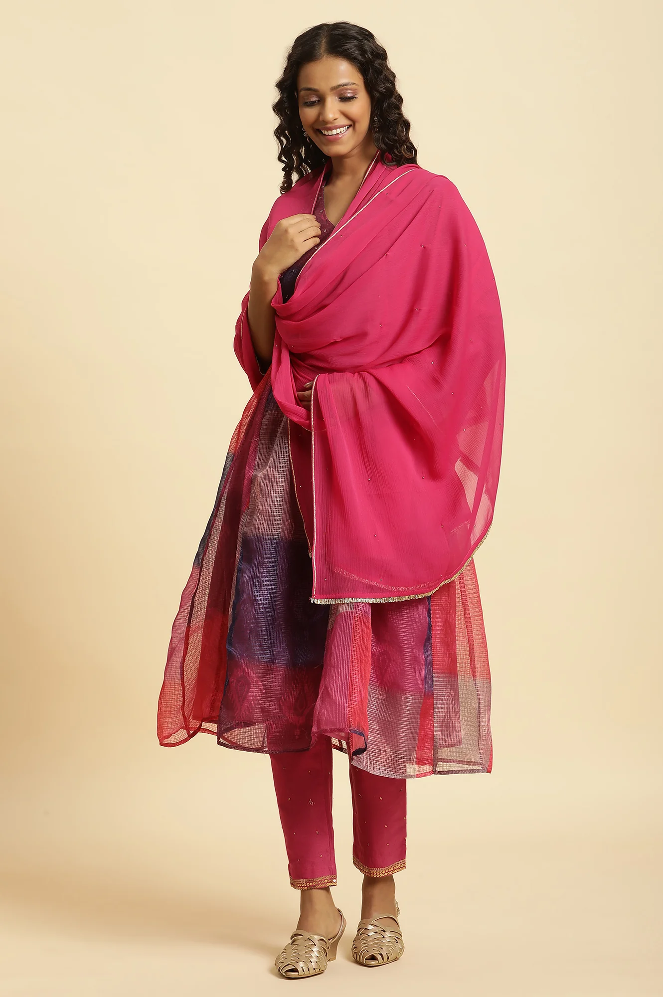 Pink Chiffon Dupatta With Gota Border - Image 3
