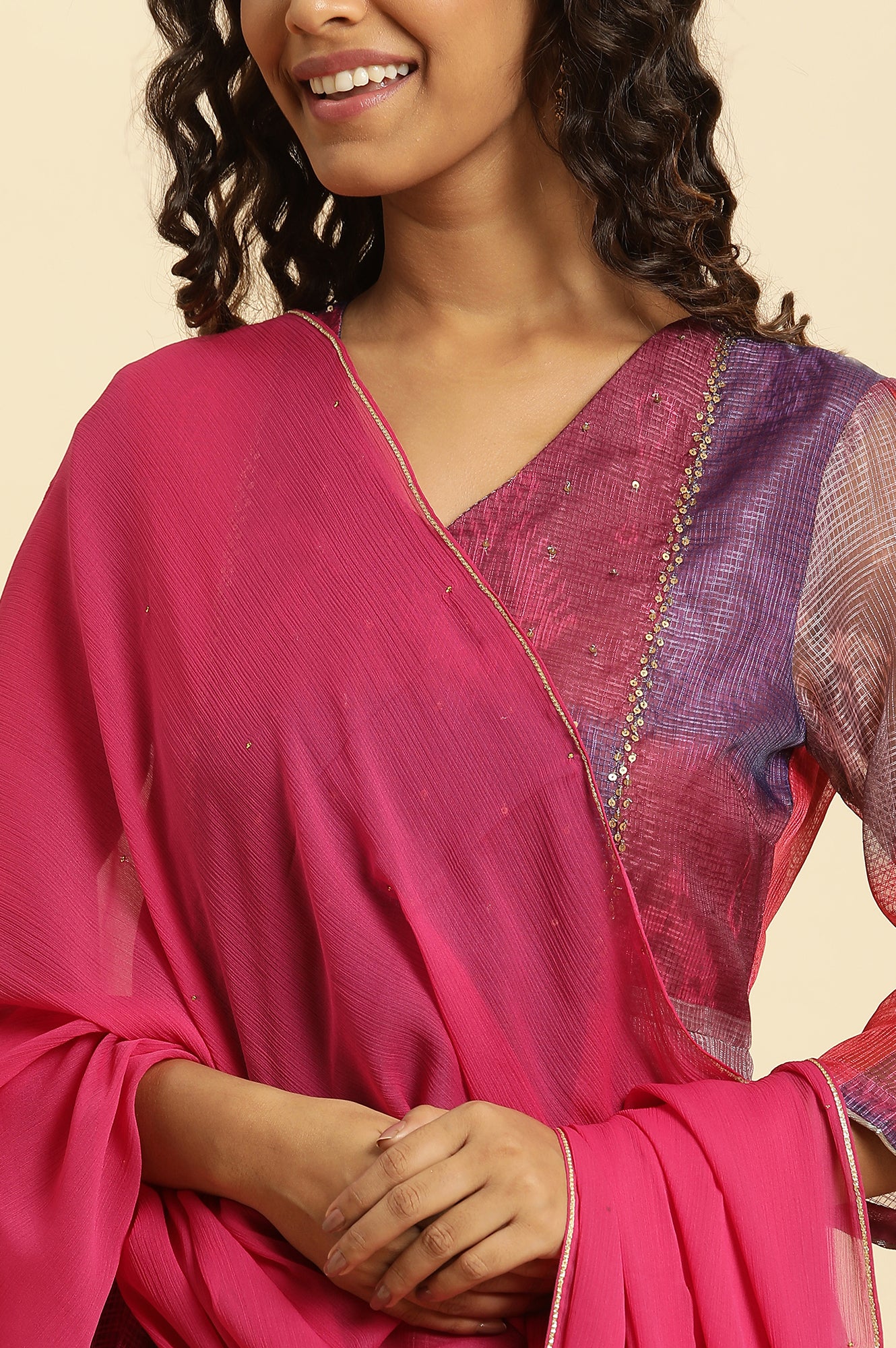 Pink Chiffon Dupatta With Gota Border - Image 4
