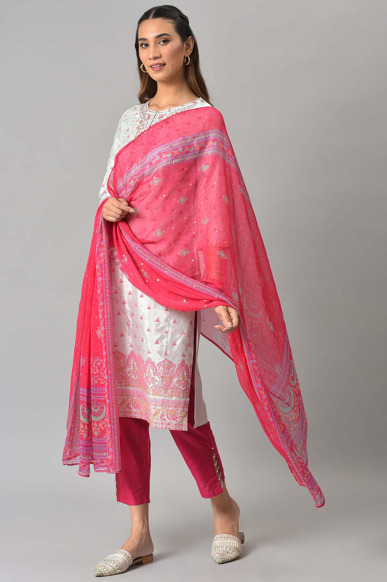 Pink Chiffon Floral Print Dupatta - Image 2