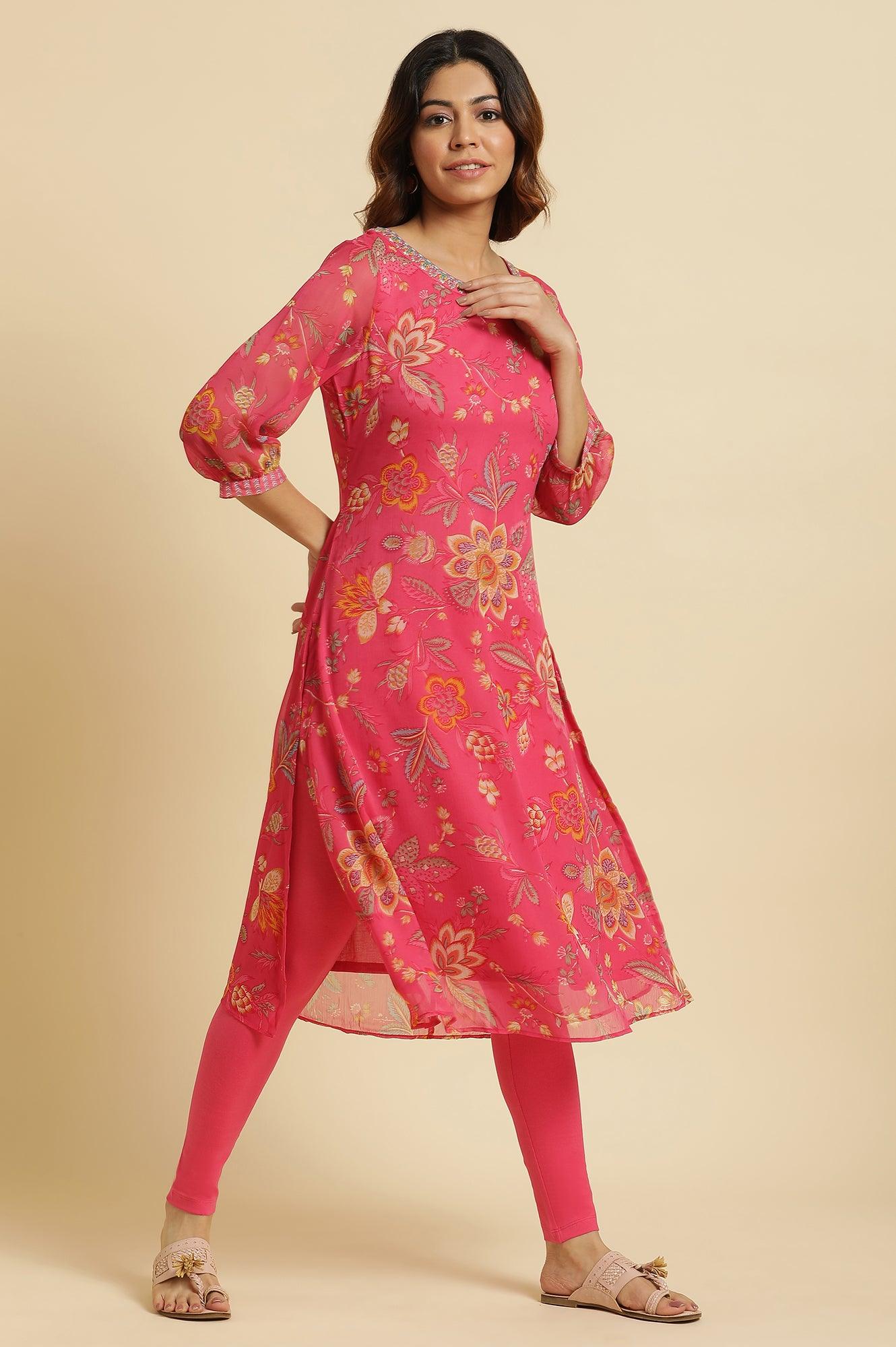 Pink Chiffon Printed Kurta with Multi-coloured Floral Embroidery - Image 10