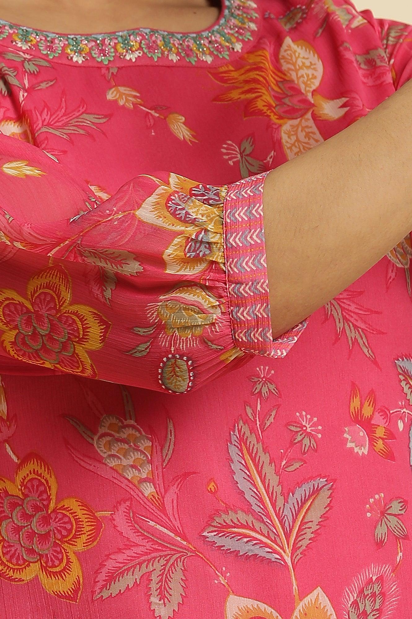 Pink Chiffon Printed Kurta with Multi-coloured Floral Embroidery - Image 12