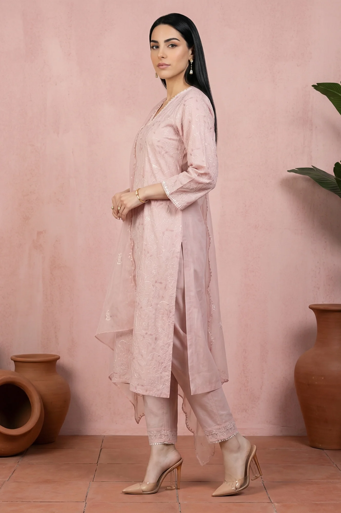 Pink Chikankari Pure Cotton Straight Kurta with Pants and Dupatta Set - Image 4