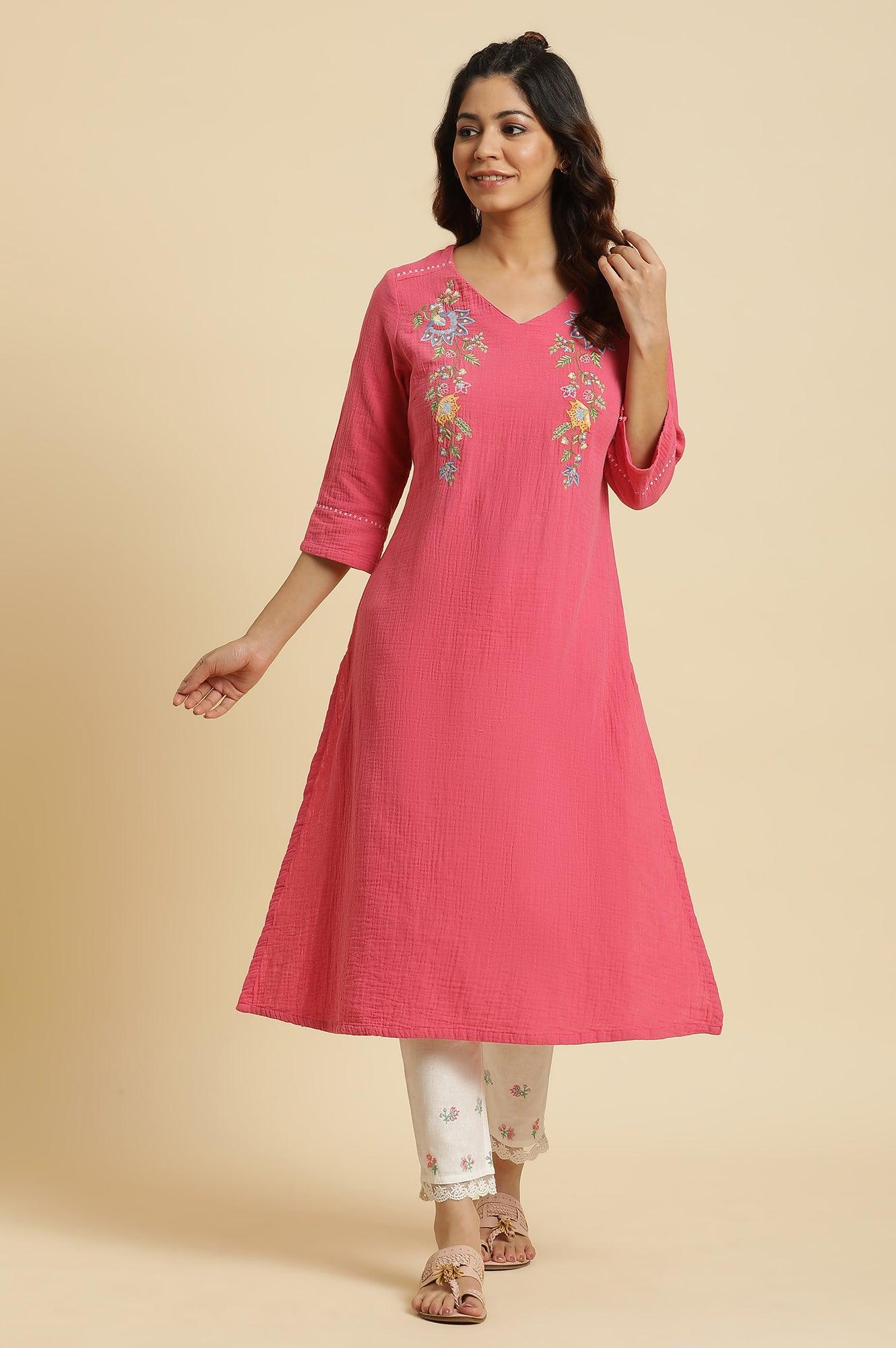 Pink Cotton Embroidered Kurta - Image 2