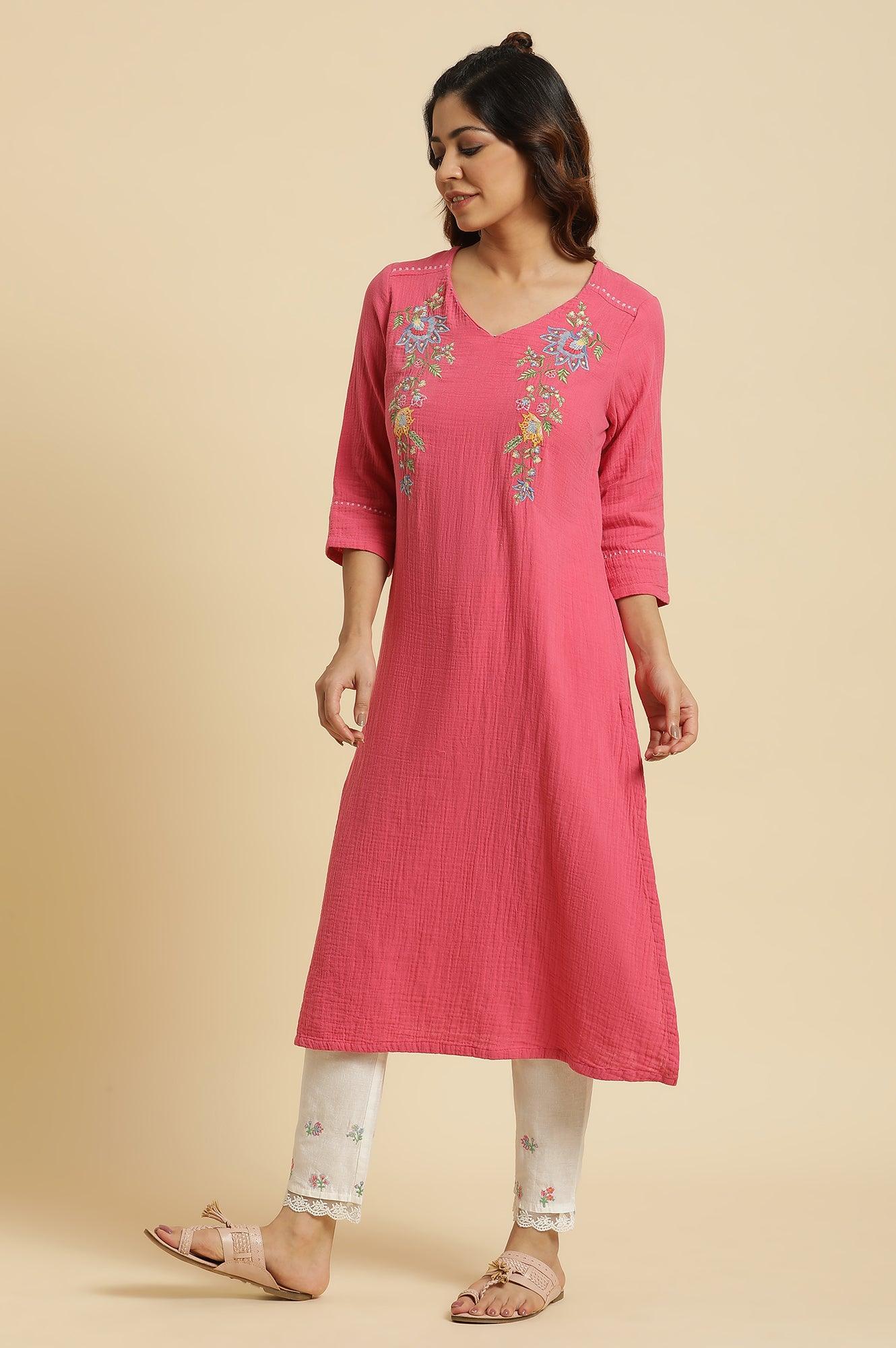 Pink Cotton Embroidered Kurta - Image 3