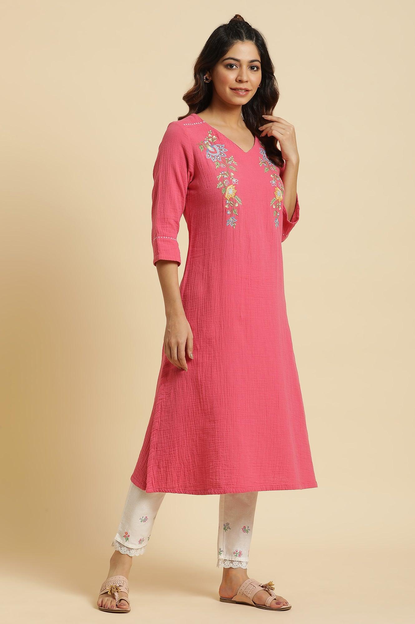 Pink Cotton Embroidered Kurta - Image 5