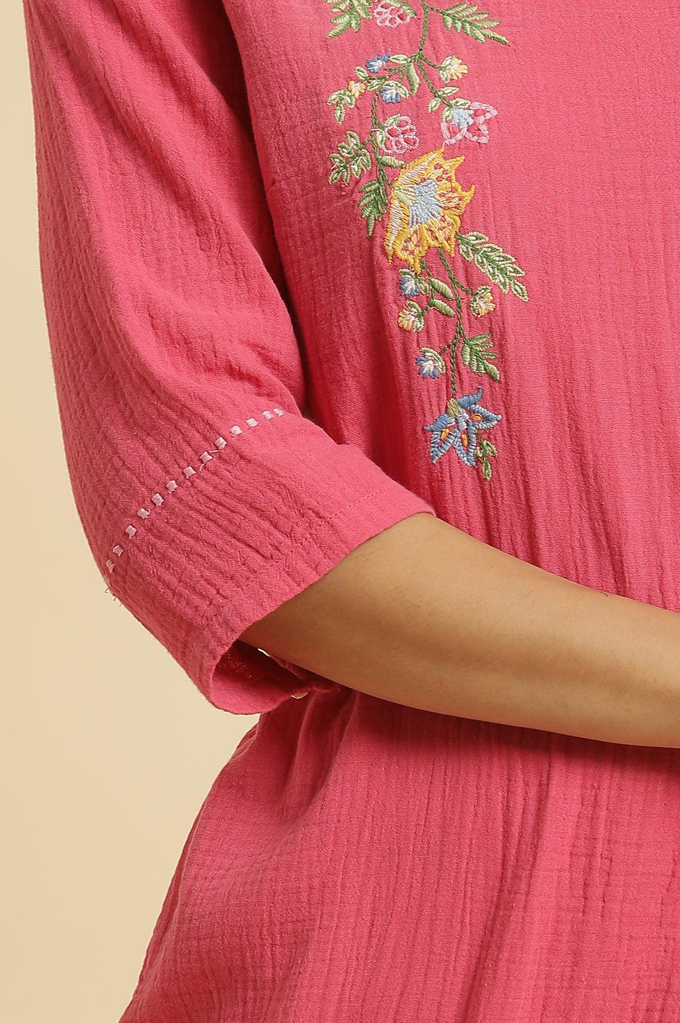 Pink Cotton Embroidered Kurta - Image 7