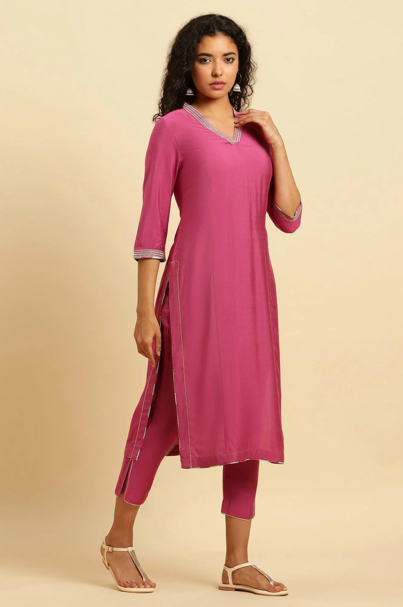 Pink Embellished Kurta, Pants And Jacquard Dupatta Set - Image 3