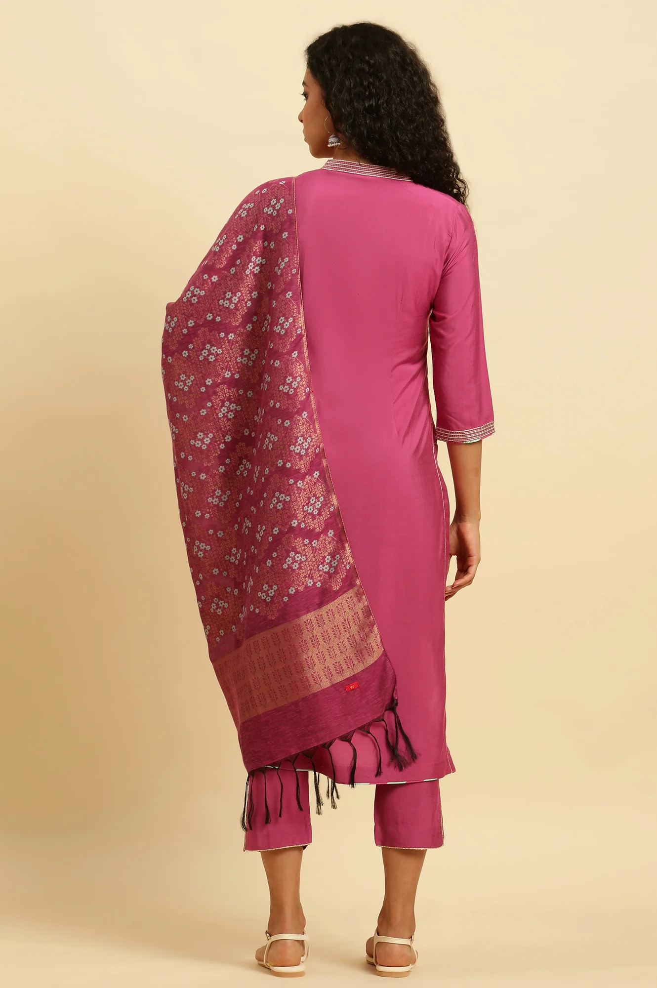 Pink Embellished Kurta, Pants And Jacquard Dupatta Set - Image 4