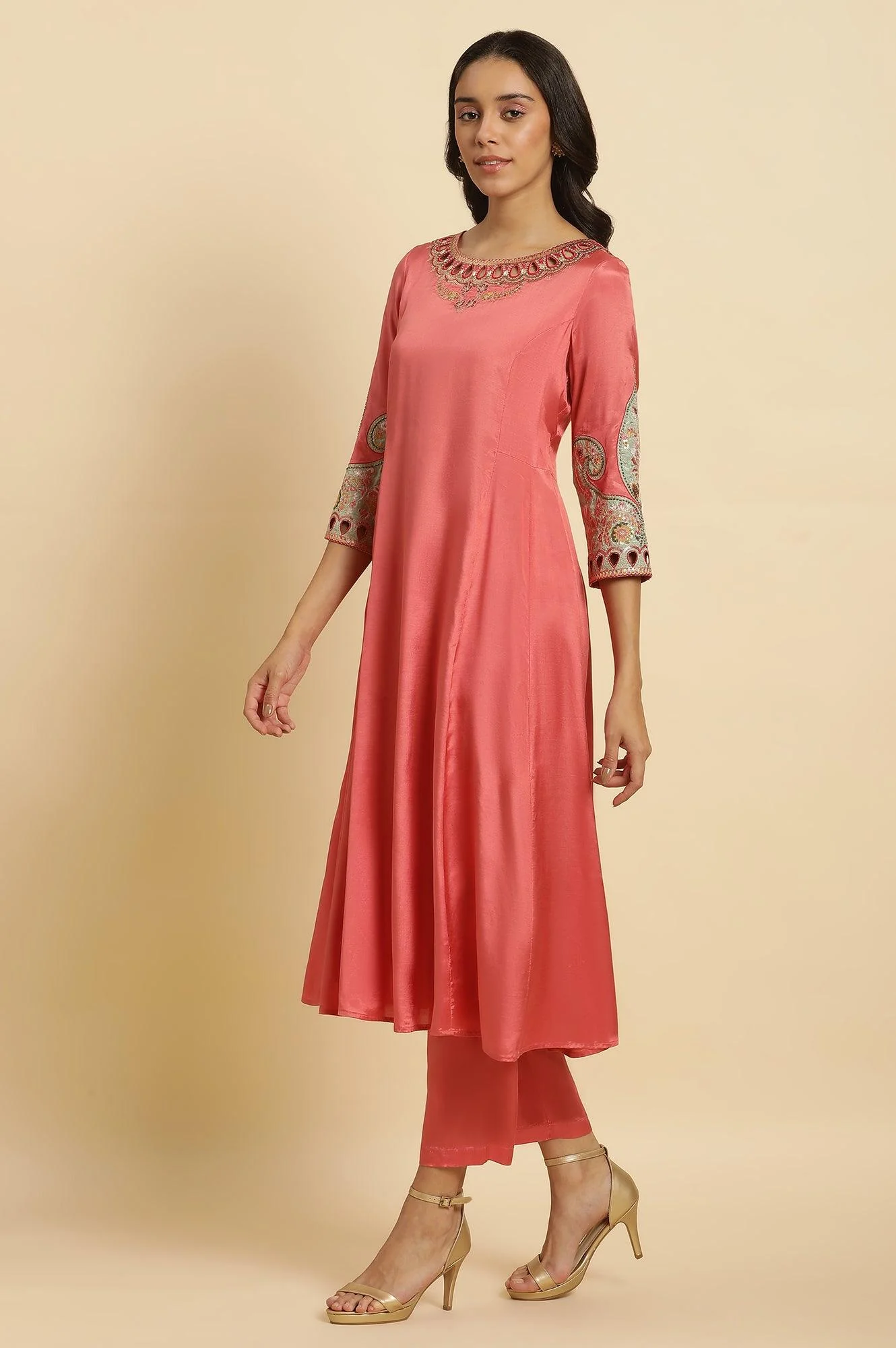 Pink Embroidered Anarkali Kurta, Pants & Printed Dupatta Set - Image 5