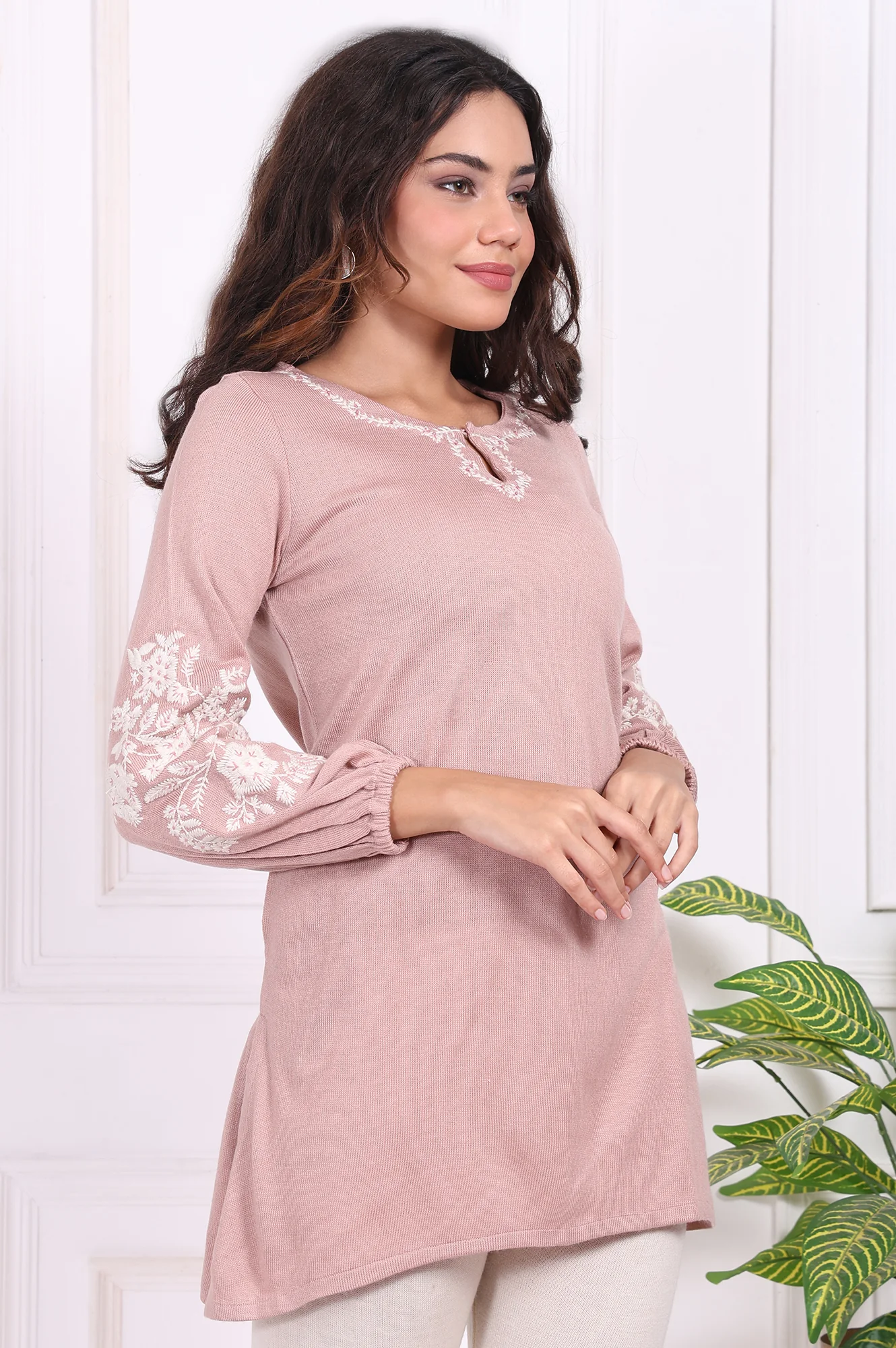 Pink Embroidered Floral Straight Acrylic Tunic - Image 6