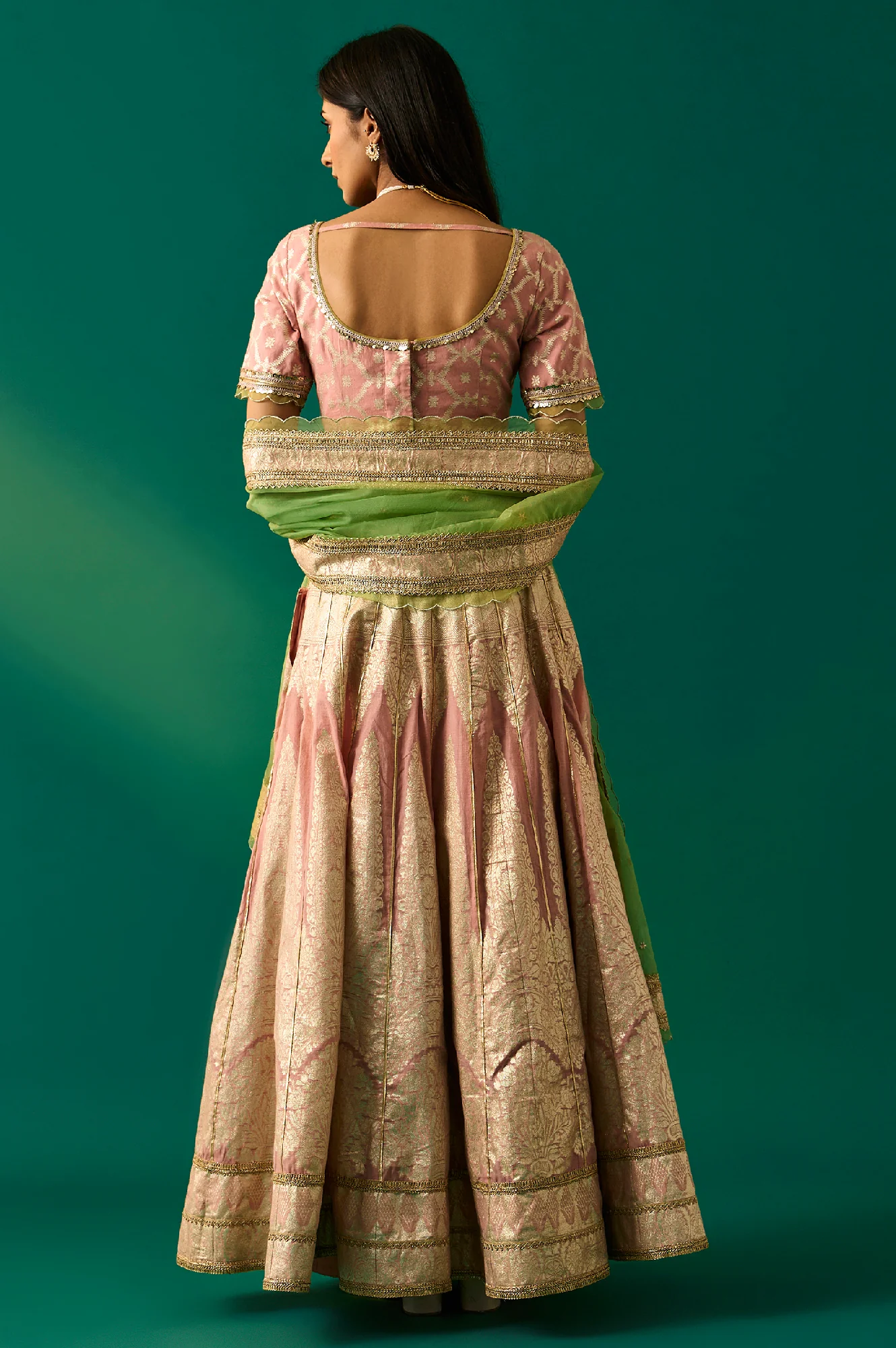 Pink Embroidered Jacquard Blouse, Flared Lehenga and Dupatta Set - Image 2