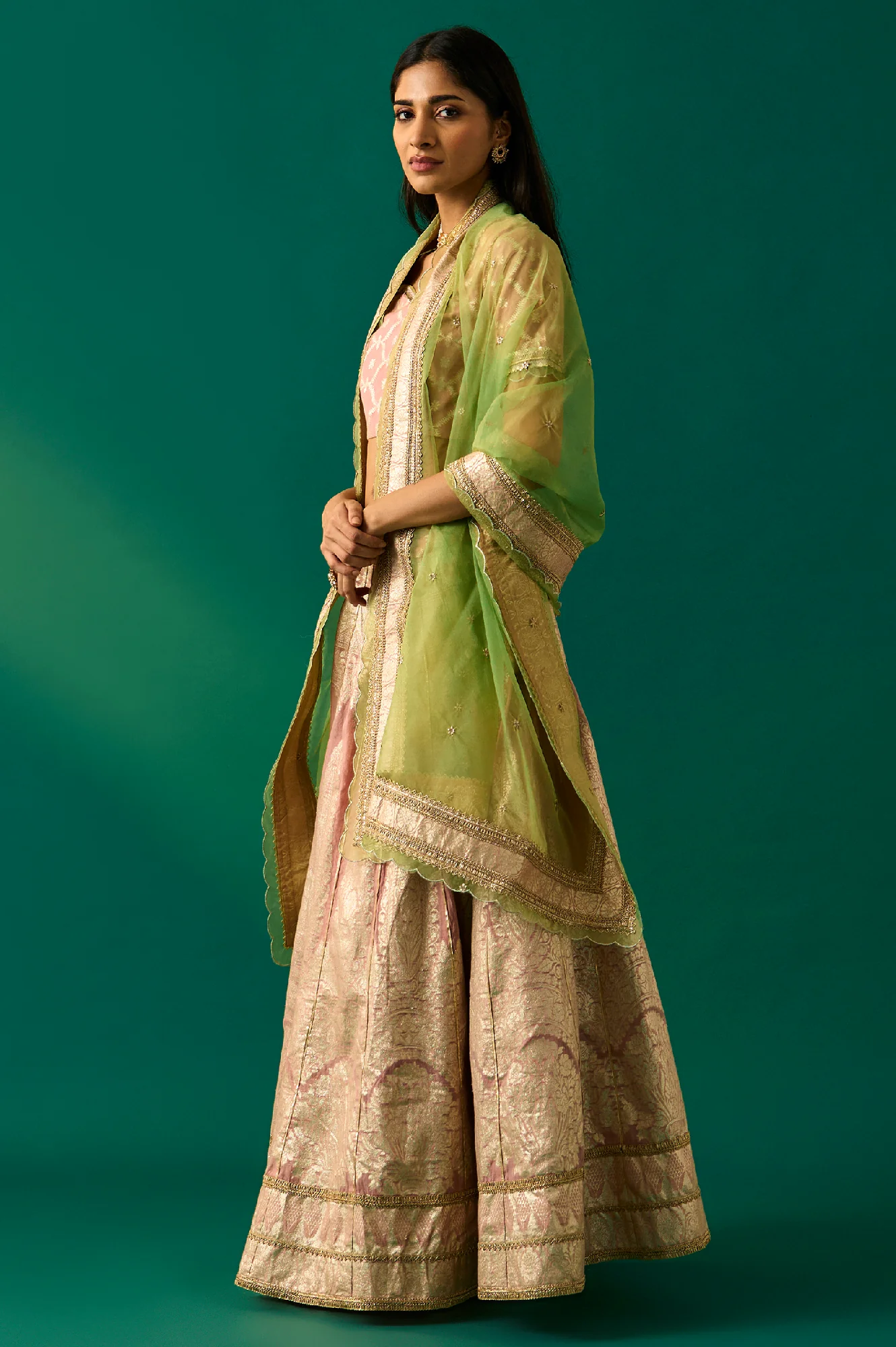 Pink Embroidered Jacquard Blouse, Flared Lehenga and Dupatta Set - Image 3