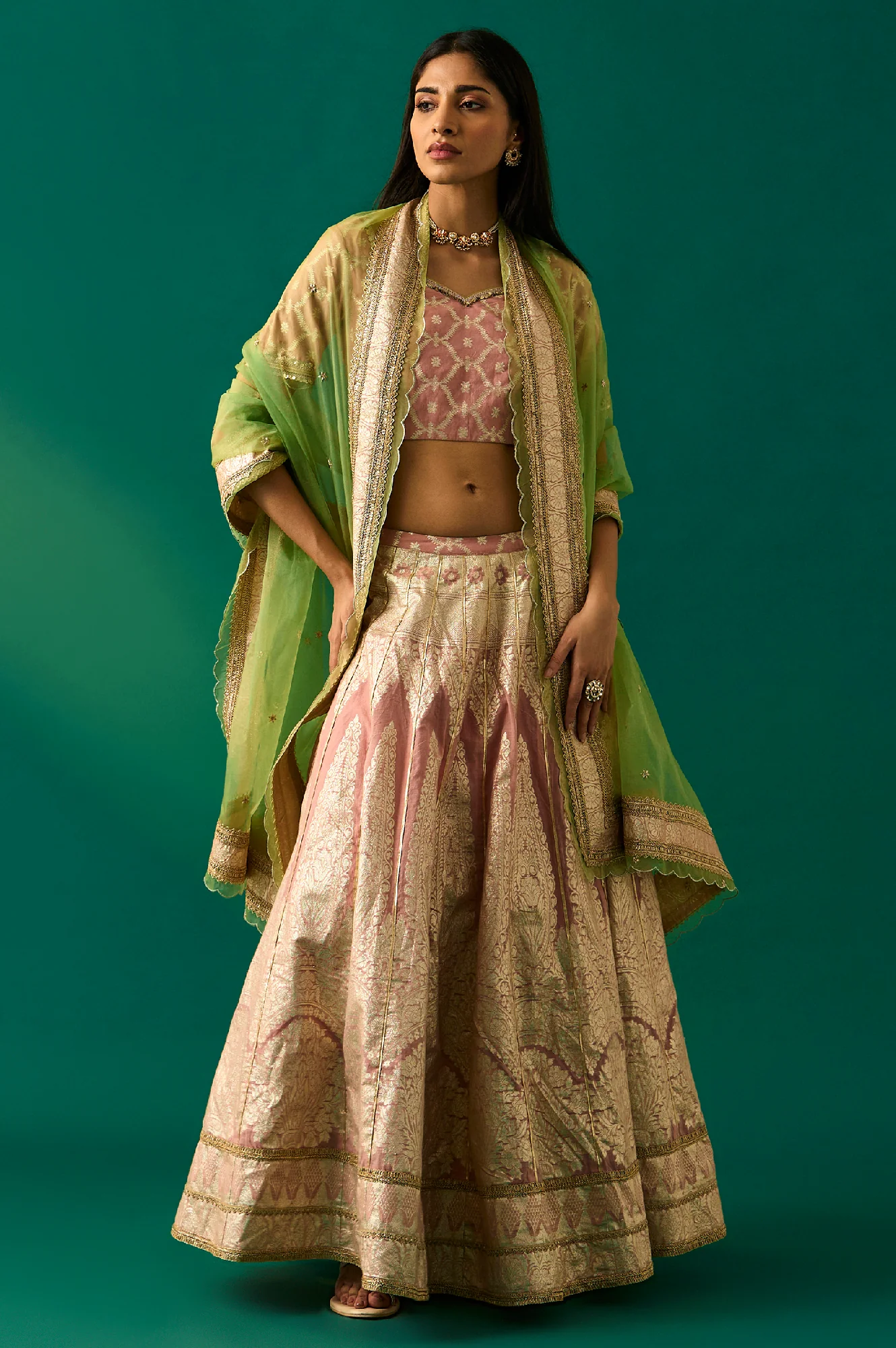 Pink Embroidered Jacquard Blouse, Flared Lehenga and Dupatta Set - Image 5