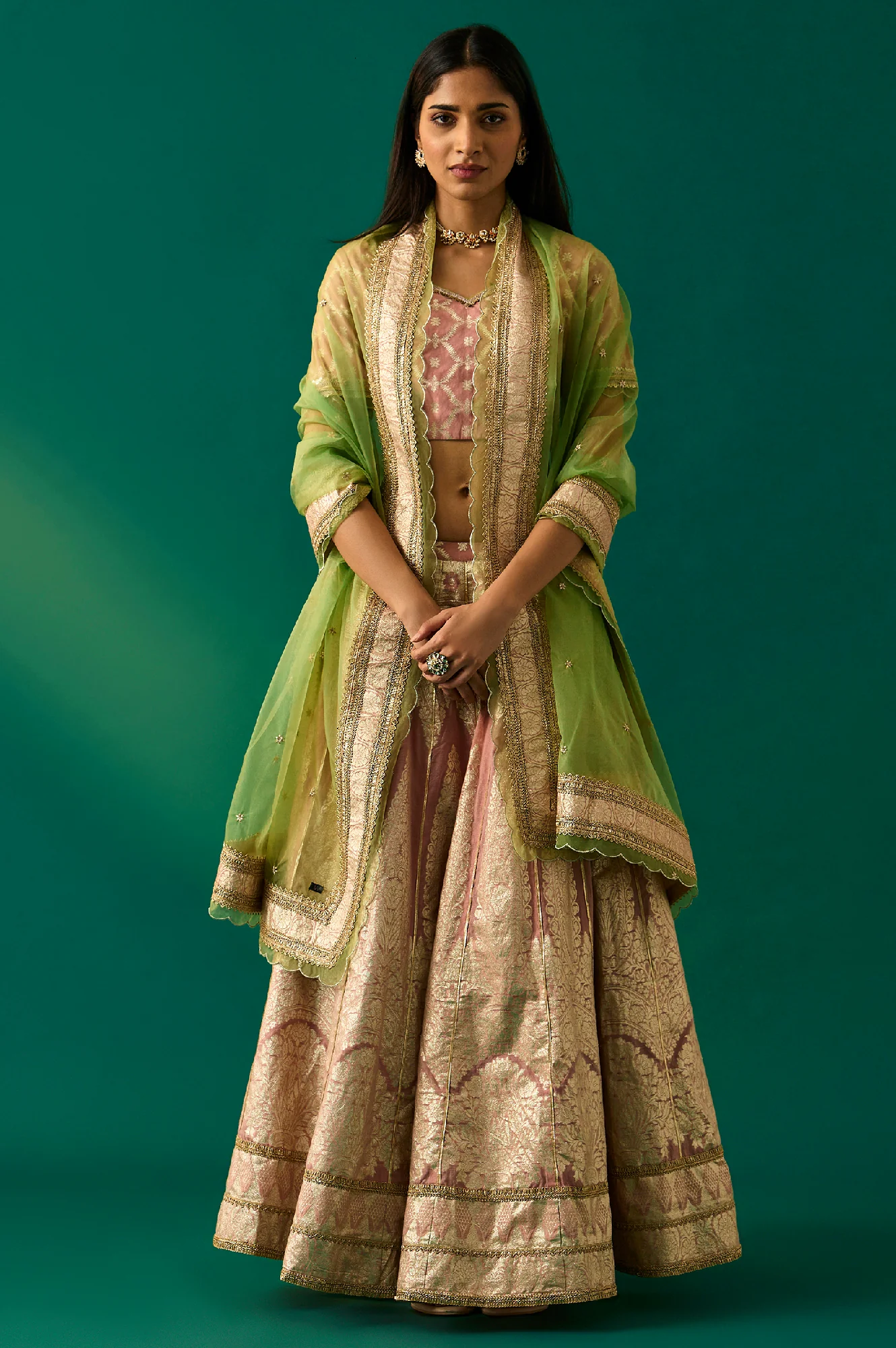 Pink Embroidered Jacquard Blouse, Flared Lehenga and Dupatta Set - Image 6