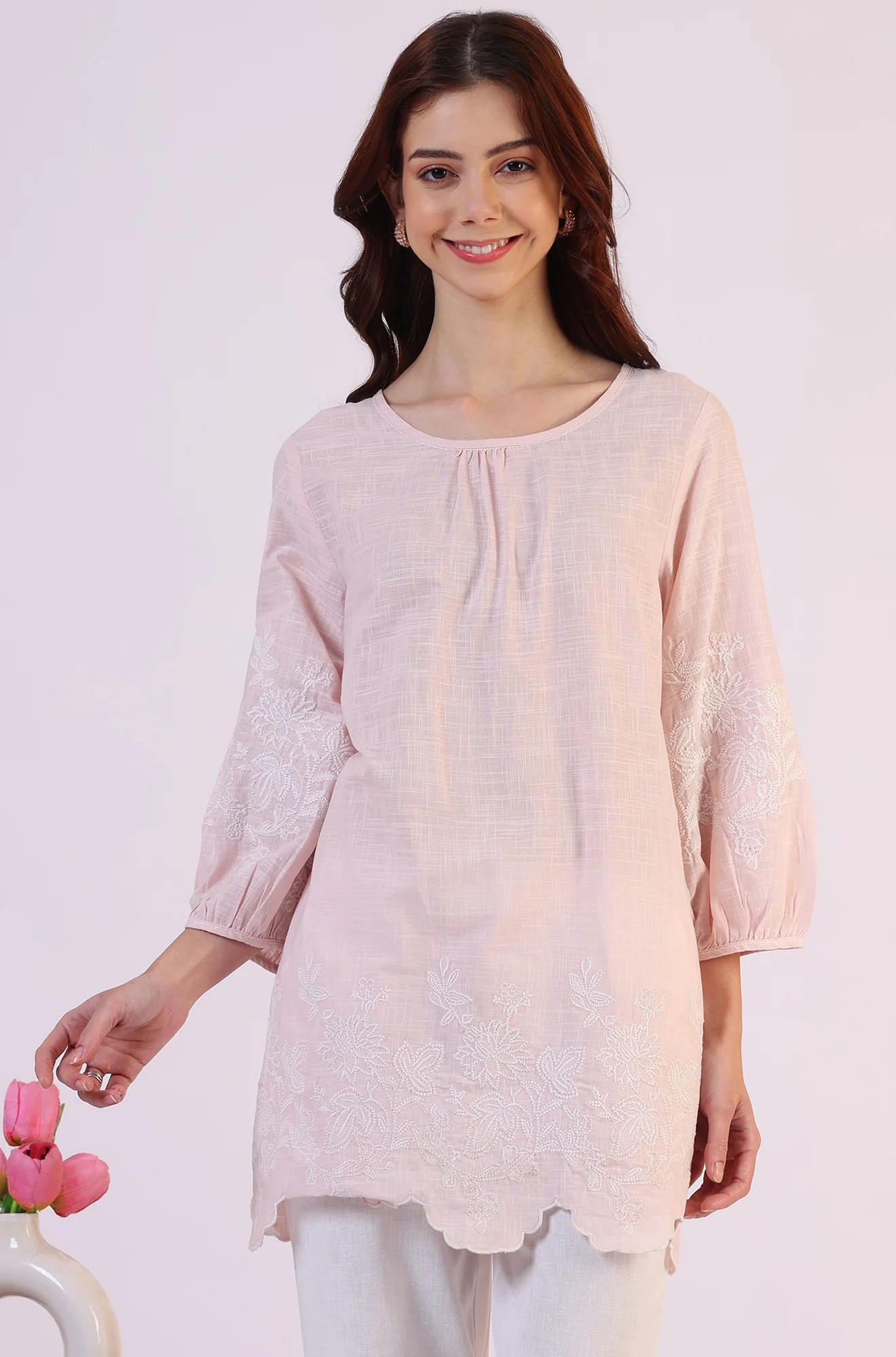 Pink Embroidered Pure Cotton Scalloped Western Top - Image 3