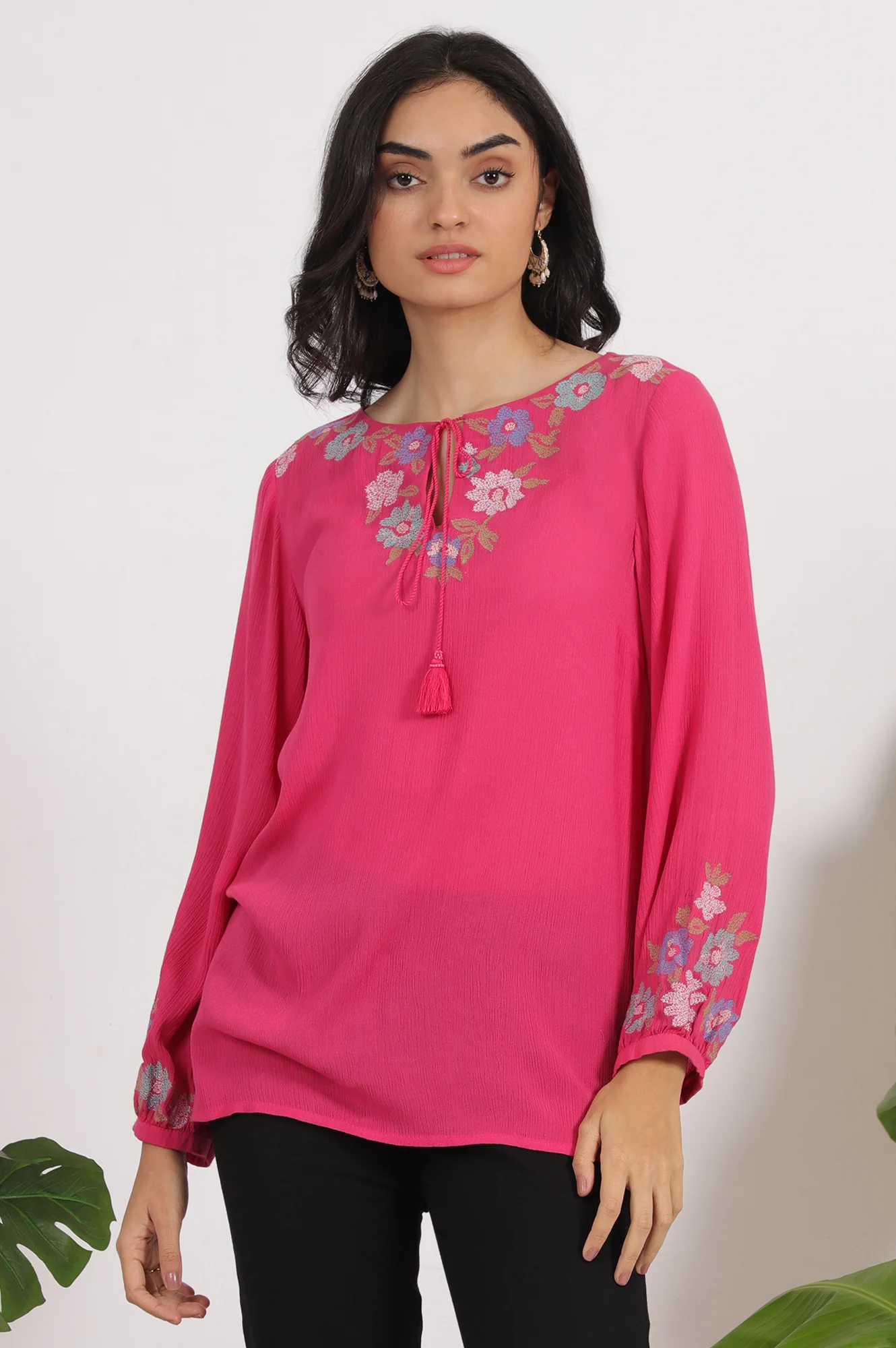 Pink Embroidered Rayon Crepe Straight Top - Image 2