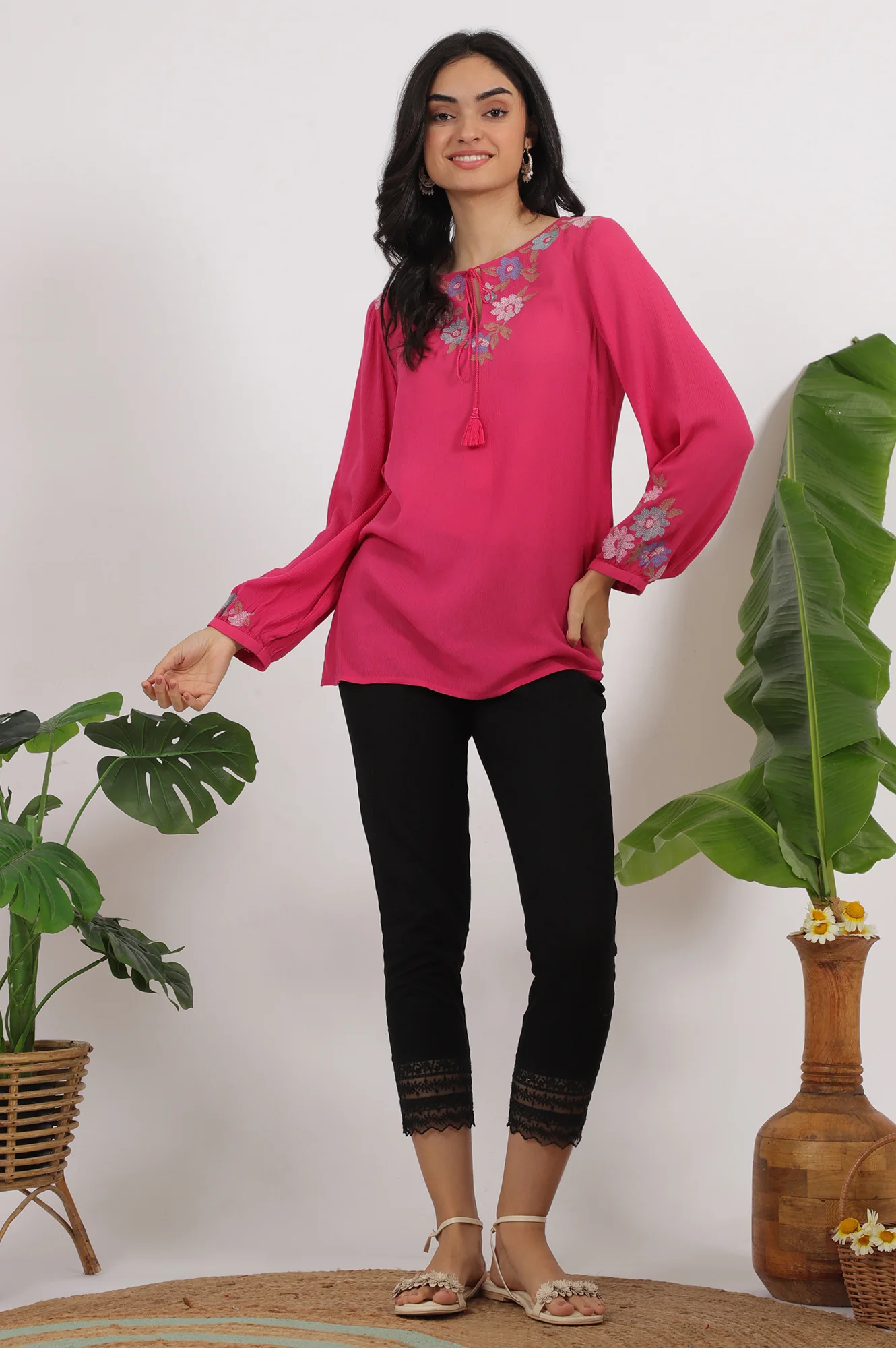 Pink Embroidered Rayon Crepe Straight Top - Image 3