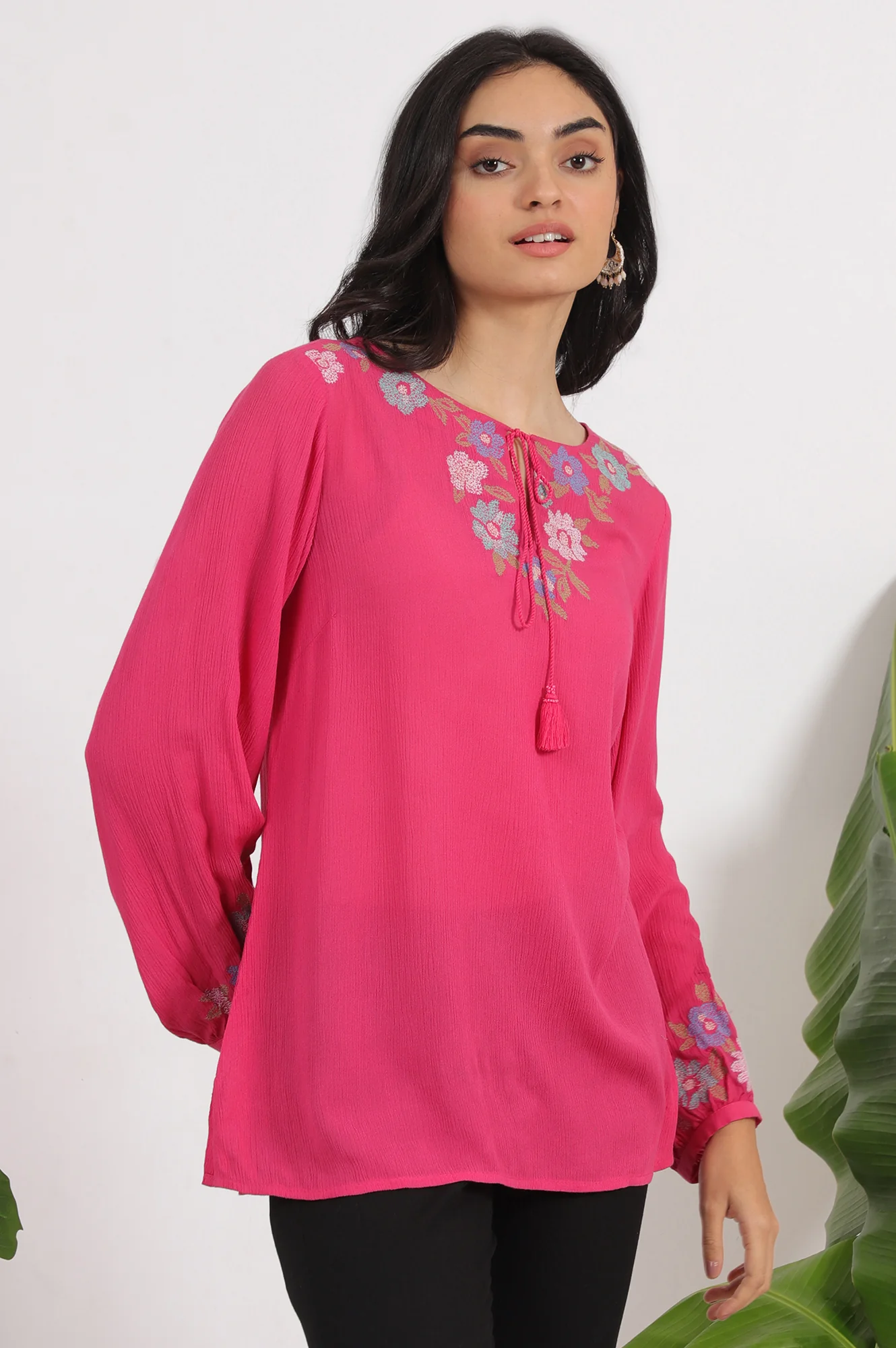 Pink Embroidered Rayon Crepe Straight Top - Image 7