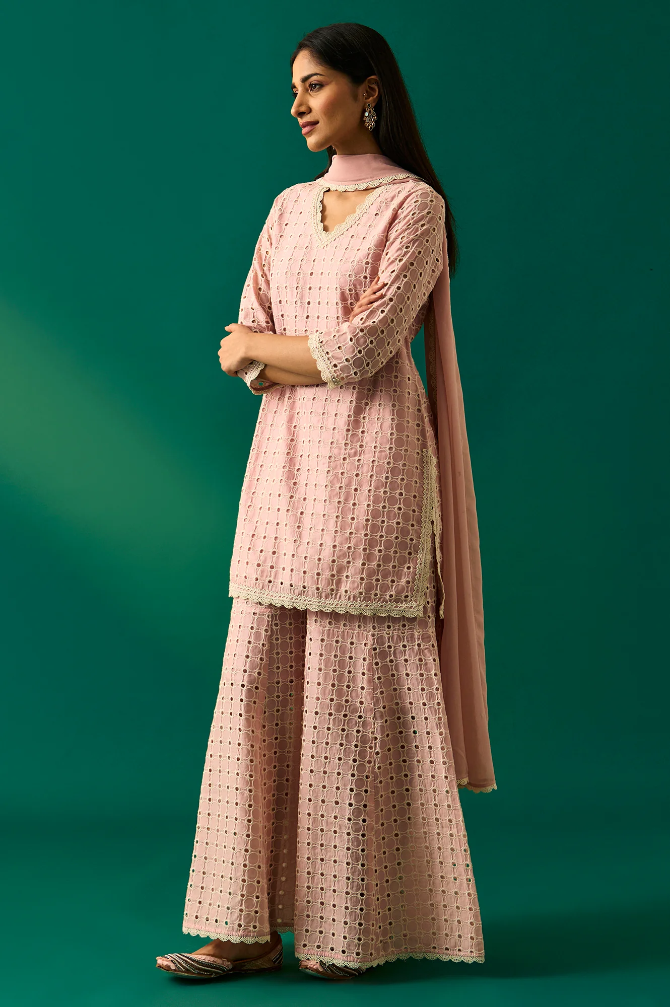 Pink Embroidered Schiffli Straight Short and Sharara Set with Dupatta Set - Image 5