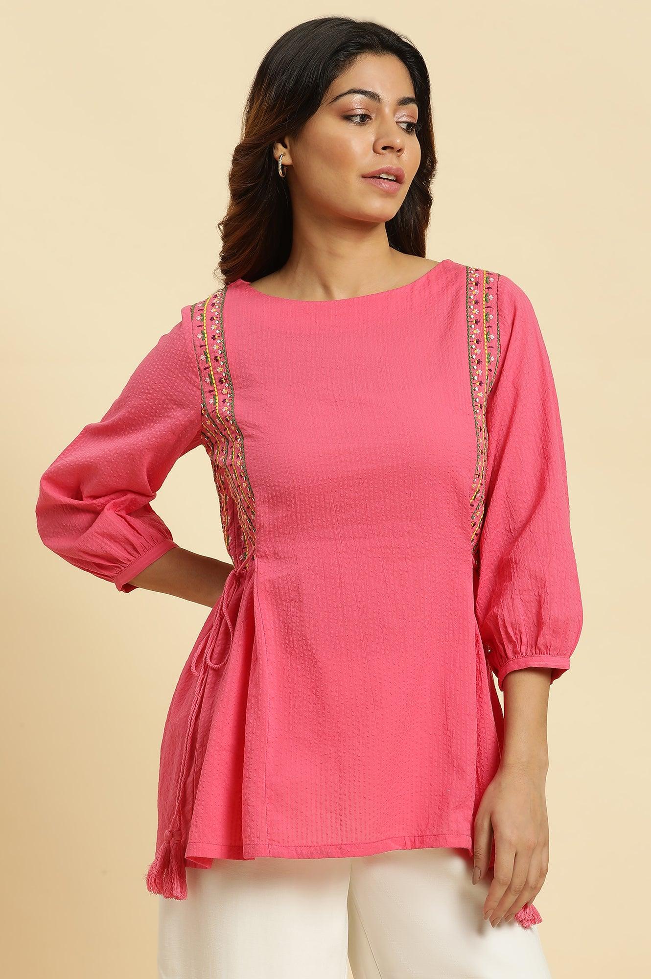 Pink Embroidered Solid Side Tie-Up Straight Top - Image 2