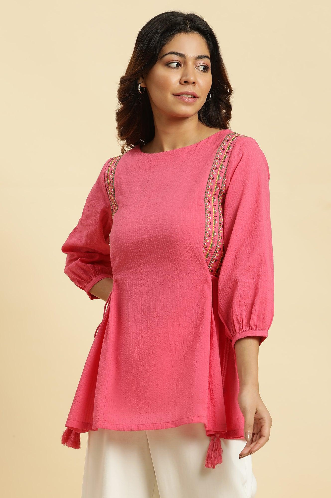 Pink Embroidered Solid Side Tie-Up Straight Top - Image 4