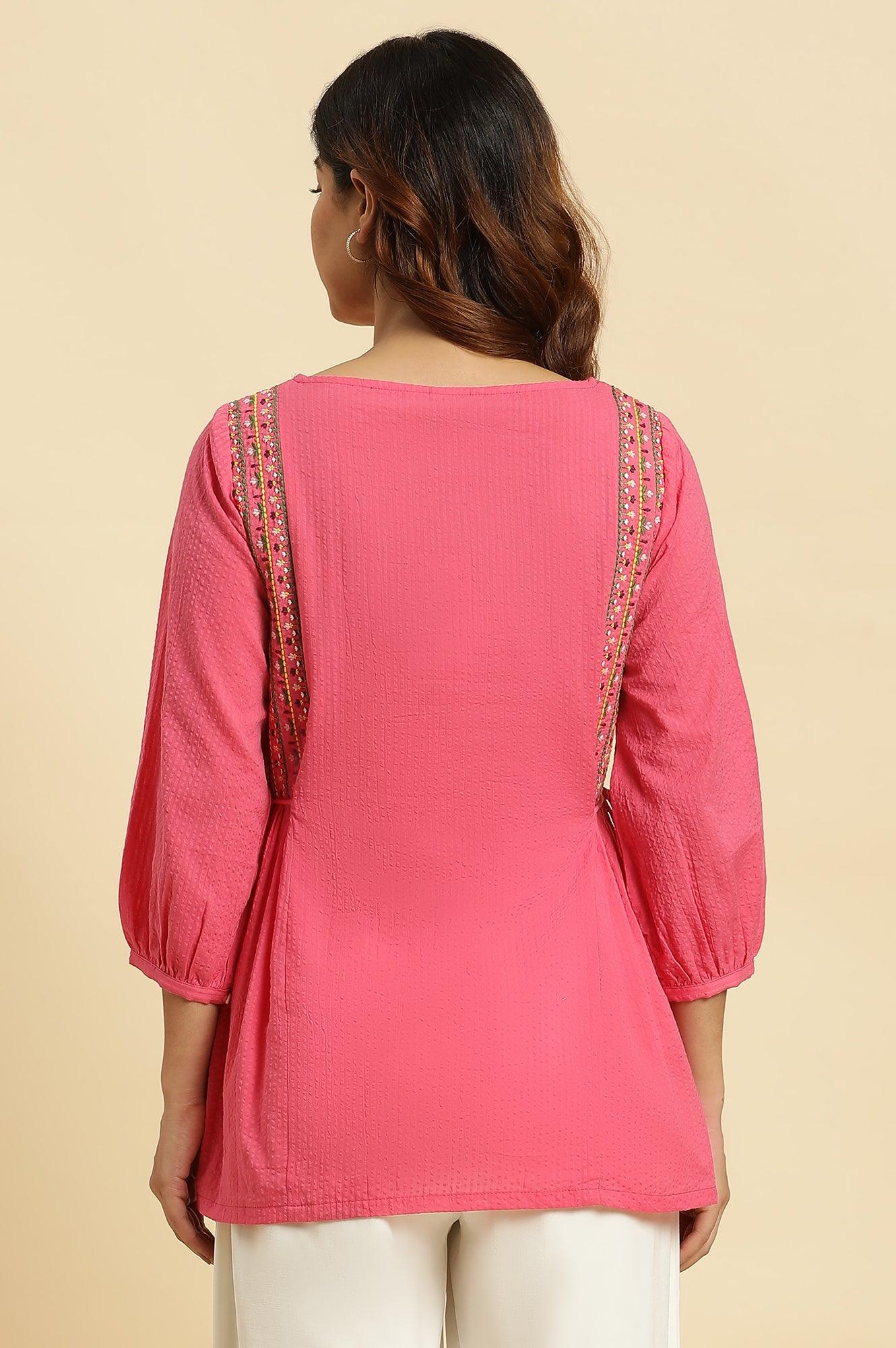 Pink Embroidered Solid Side Tie-Up Straight Top - Image 5